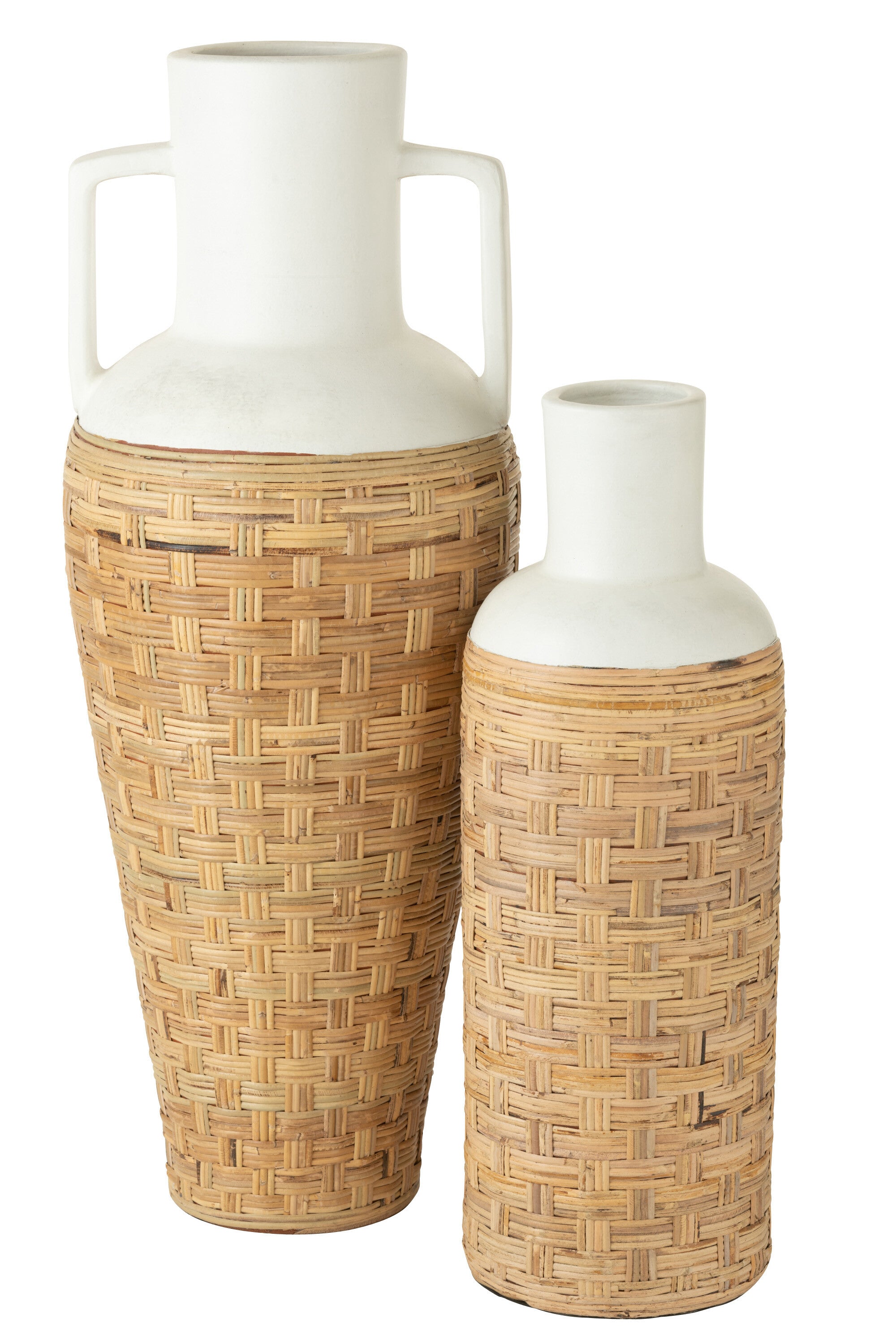 VASE UMWOBEN MIT HENKEL TERRACOTTA/RATTAN WEIß/NATUR