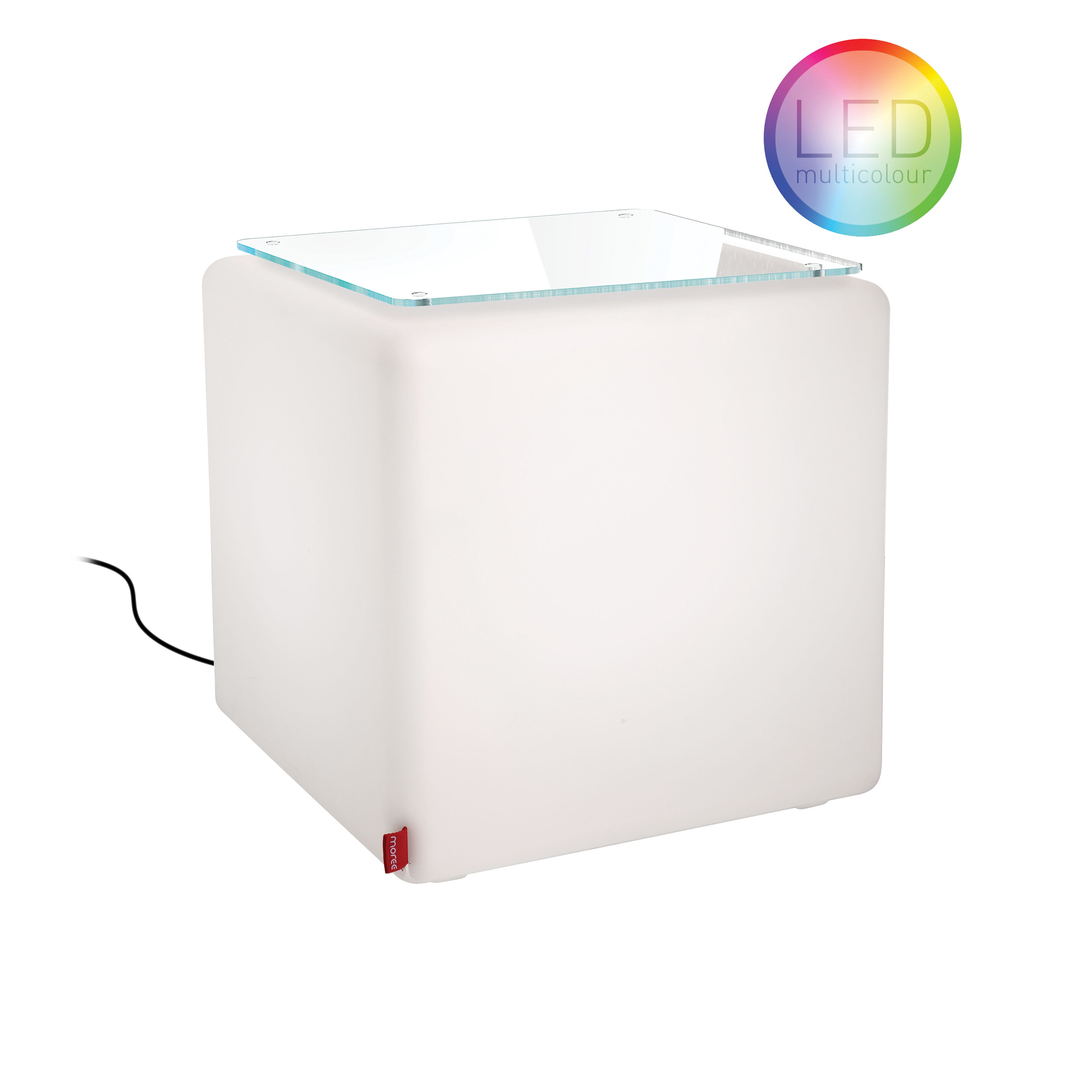 CUBE Outdoor LED beleuchteter Tisch von Moree; würfelförmiger, weißer, Kunststoff Beistelltisch; wahlweise mit einer Abdeckplatte aus Glas oder farbigem Filz; 9 Programme, warmweißes Licht, dimmbar; inklusive Fernbedienung, Kabellänge 5m.