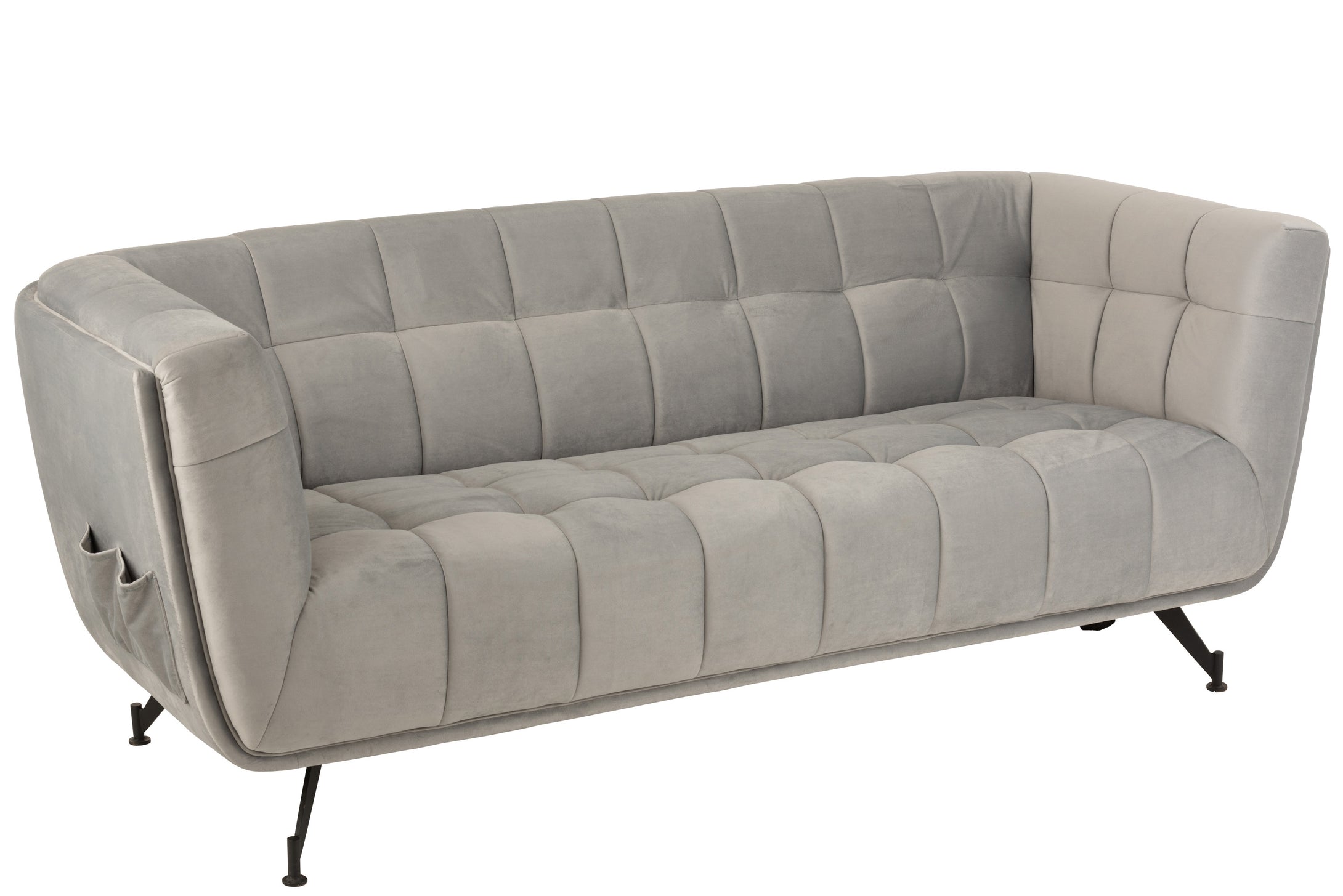 3-Sitzer Sofa mit umlaufender Lehne, bestehend aus einer breiten U-förmigen Sitzschale, die Innenseiten und die Sitzfläche dick gepolstert mit Steppung; alles bezogen mit hellgrauer Mikrofaser; auf der rechten Seite außen sind zwei längliche Fächer für Fernbedienung, Handy etc.; Beine aus Metall, leicht ausgestellt.