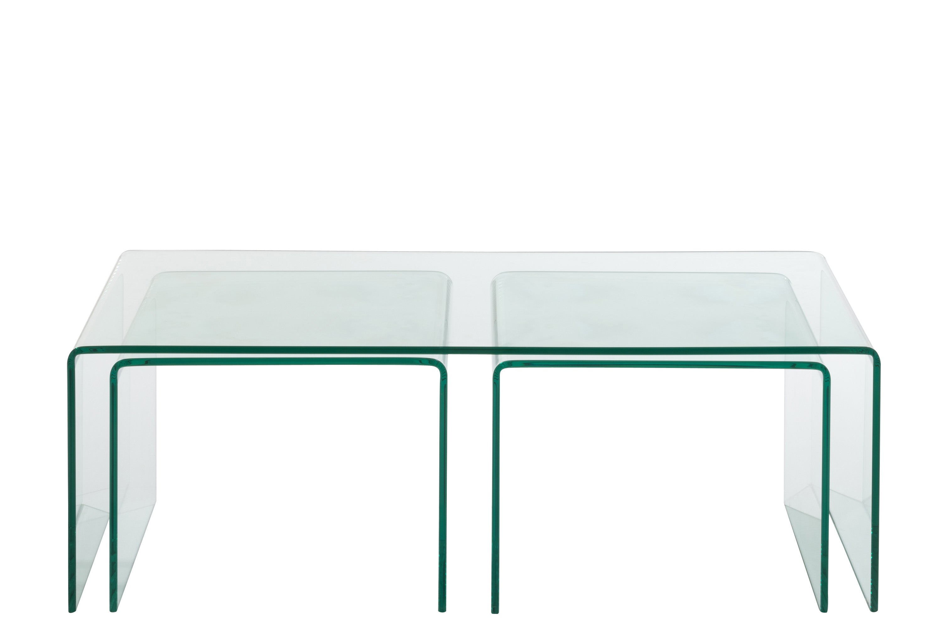 3 moderne Glas-Couchtische als Set, transparent zum weiß, verschiedene Größen