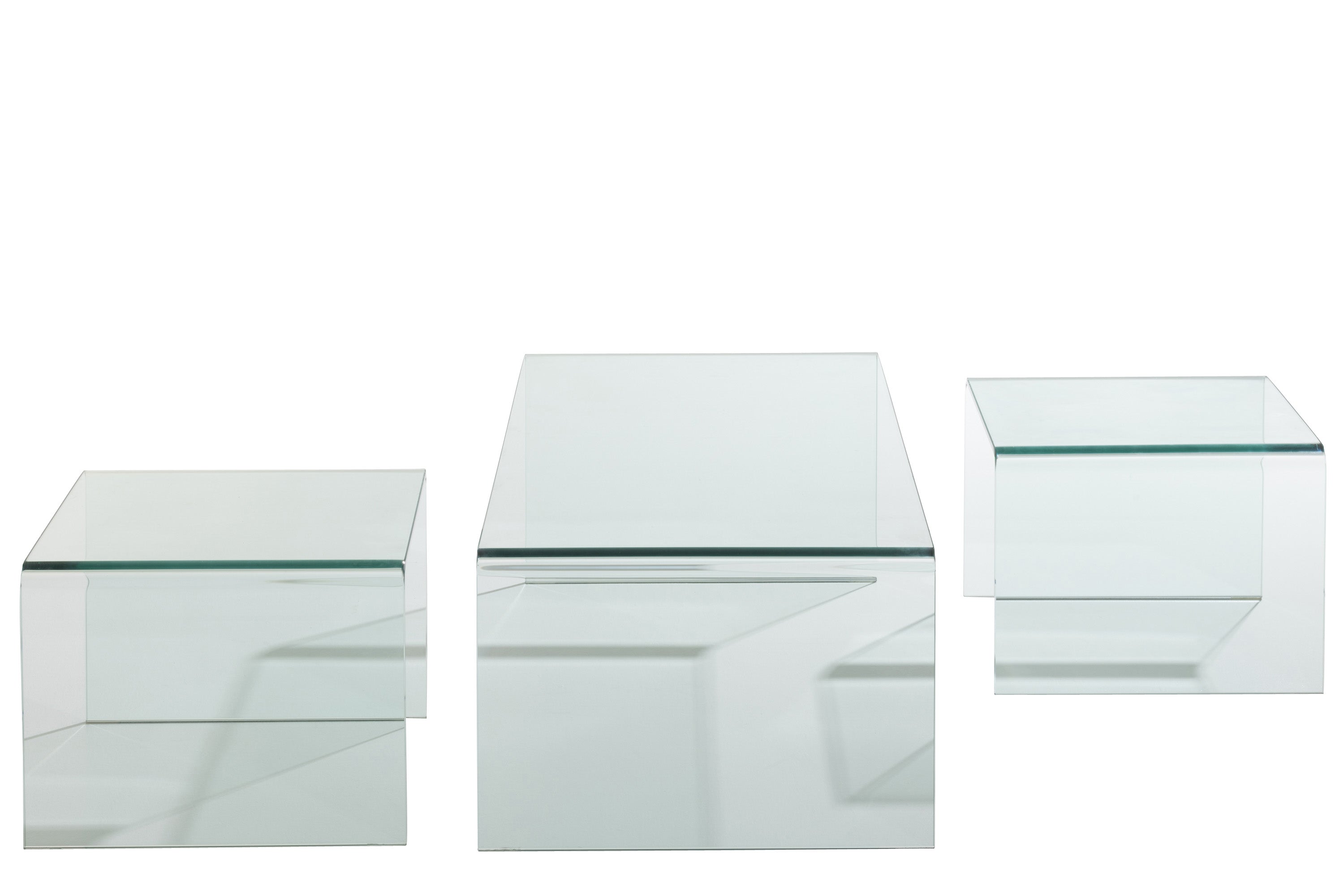 3 moderne Glas-Couchtische als Set, transparent zum weiß, verschiedene Größen