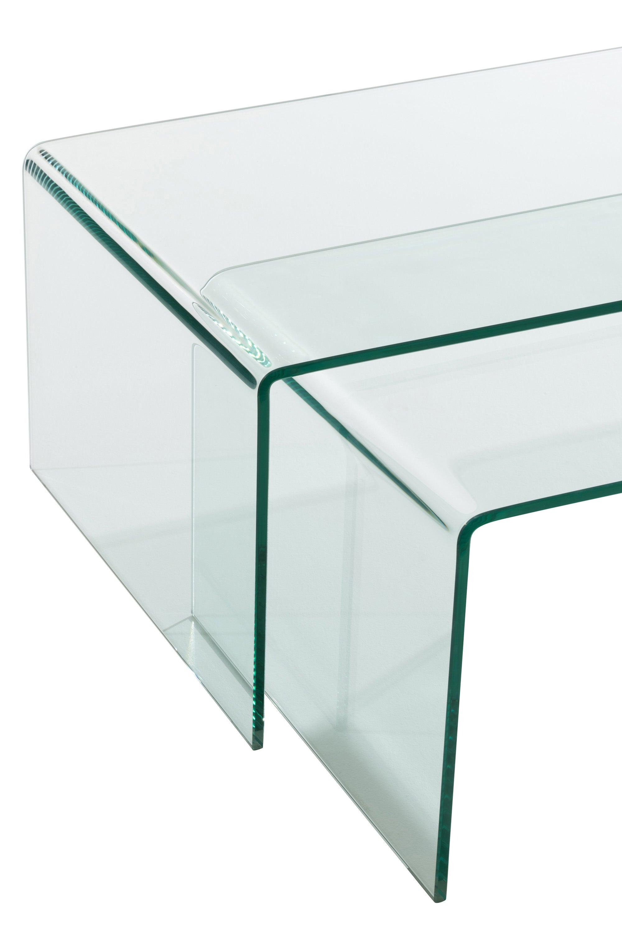 3 moderne Glas-Couchtische als Set, transparent zum weiß, verschiedene Größen