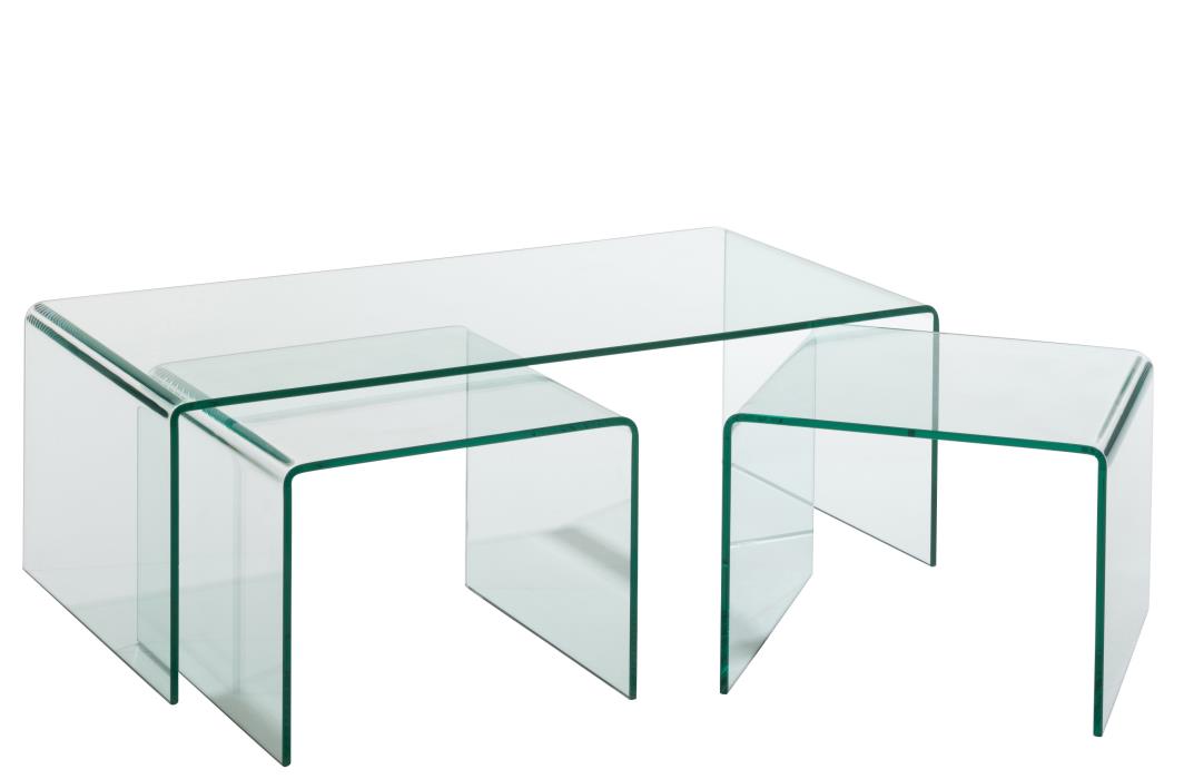 3 moderne Glas-Couchtische als Set, transparent zum weiß, verschiedene Größen