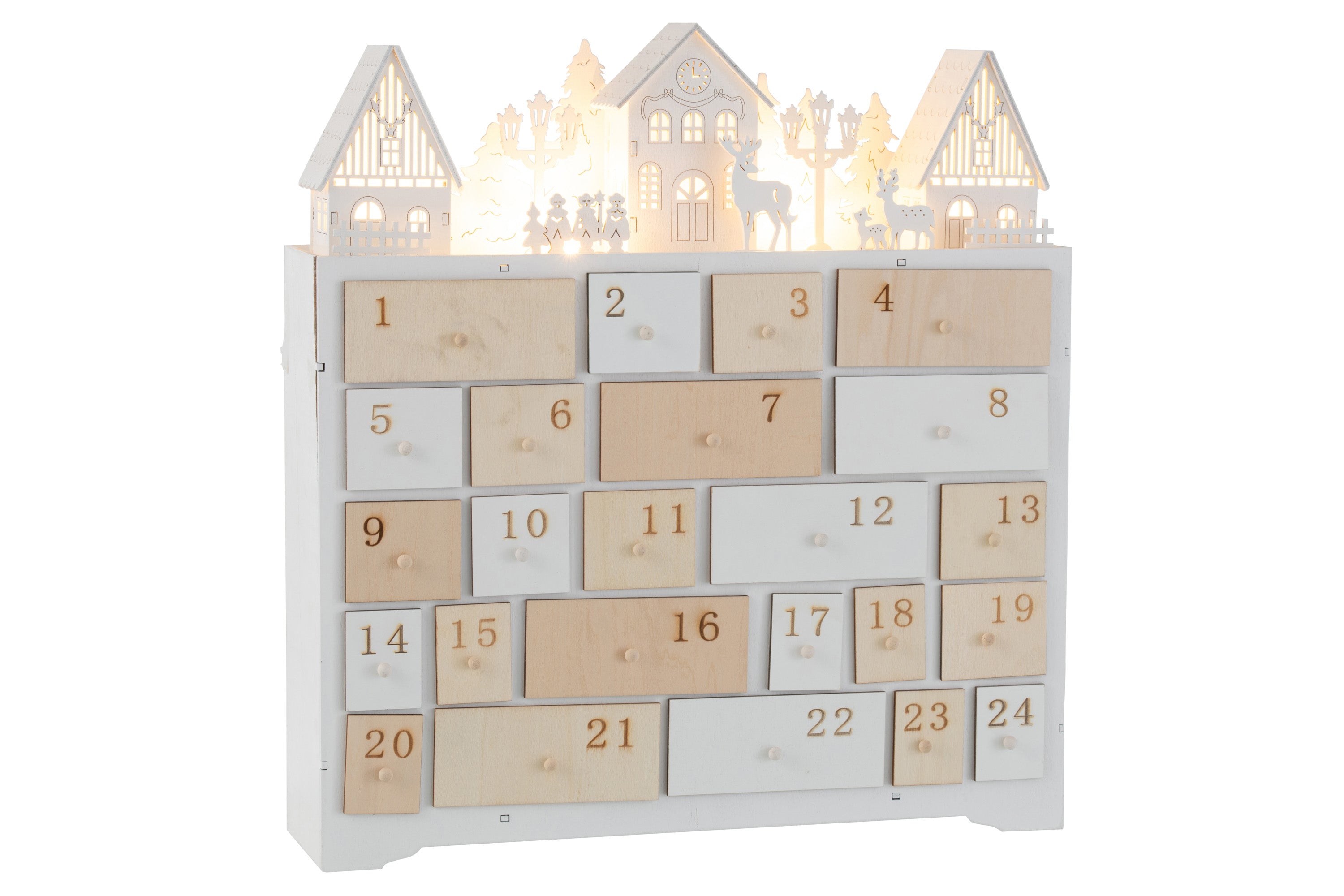 ADVENTSKALENDER LED SCHRANK+HÄUSER HOLZ NATUR/WEISS