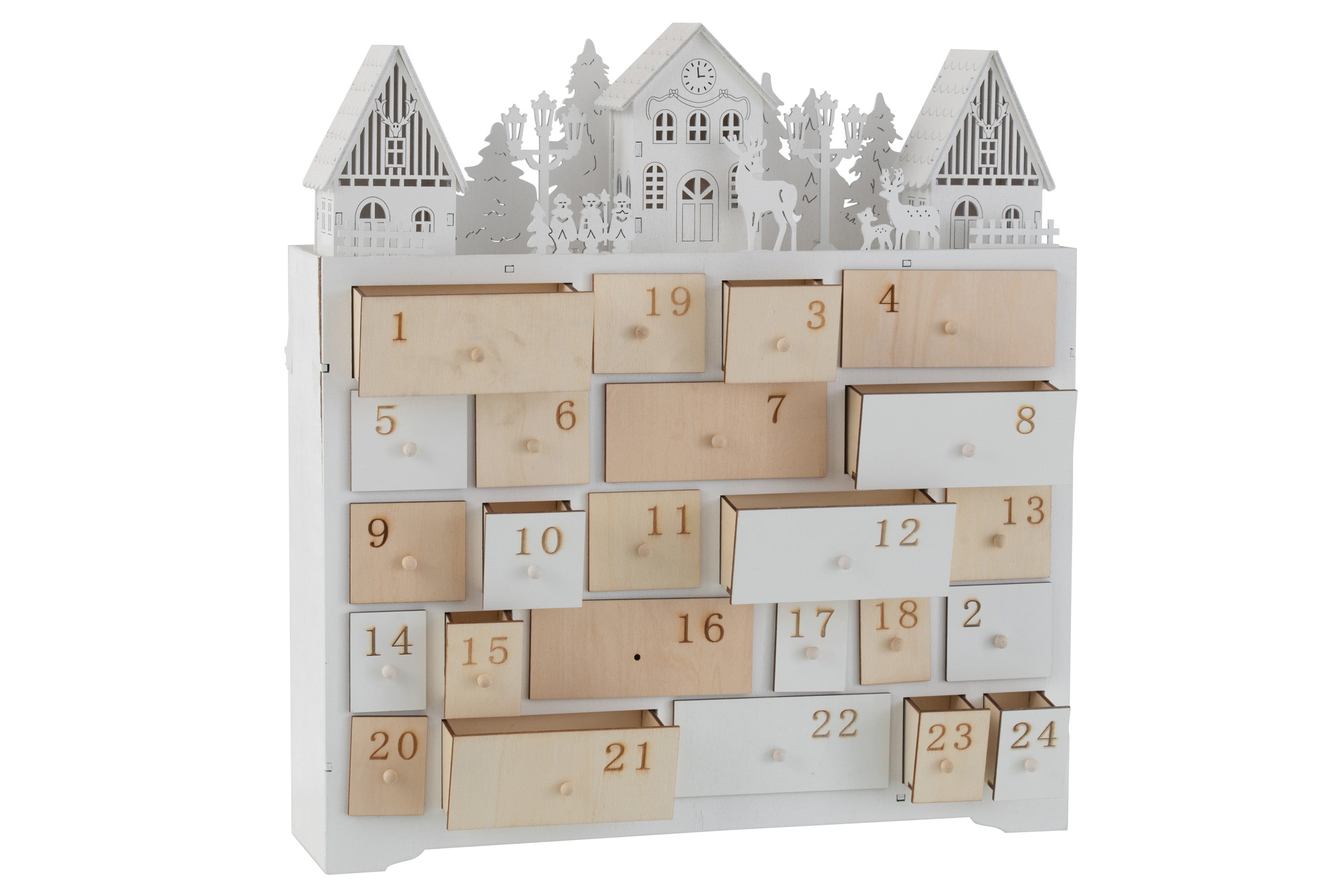 ADVENTSKALENDER LED SCHRANK+HÄUSER HOLZ NATUR/WEISS