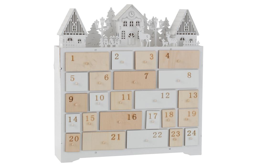 ADVENTSKALENDER LED SCHRANK+HÄUSER HOLZ NATUR/WEISS