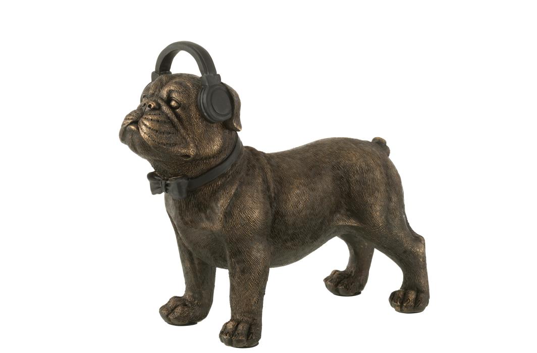 BULLDOGGE MIT KOPFHÖRER POLYRESIN DUNKELBRAUN LARGE