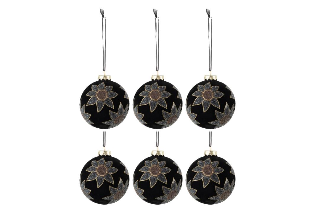 6 WEIHNACHTSKUGEL BLUMEN  GLAS VELOURS SCHWARZ SMALL