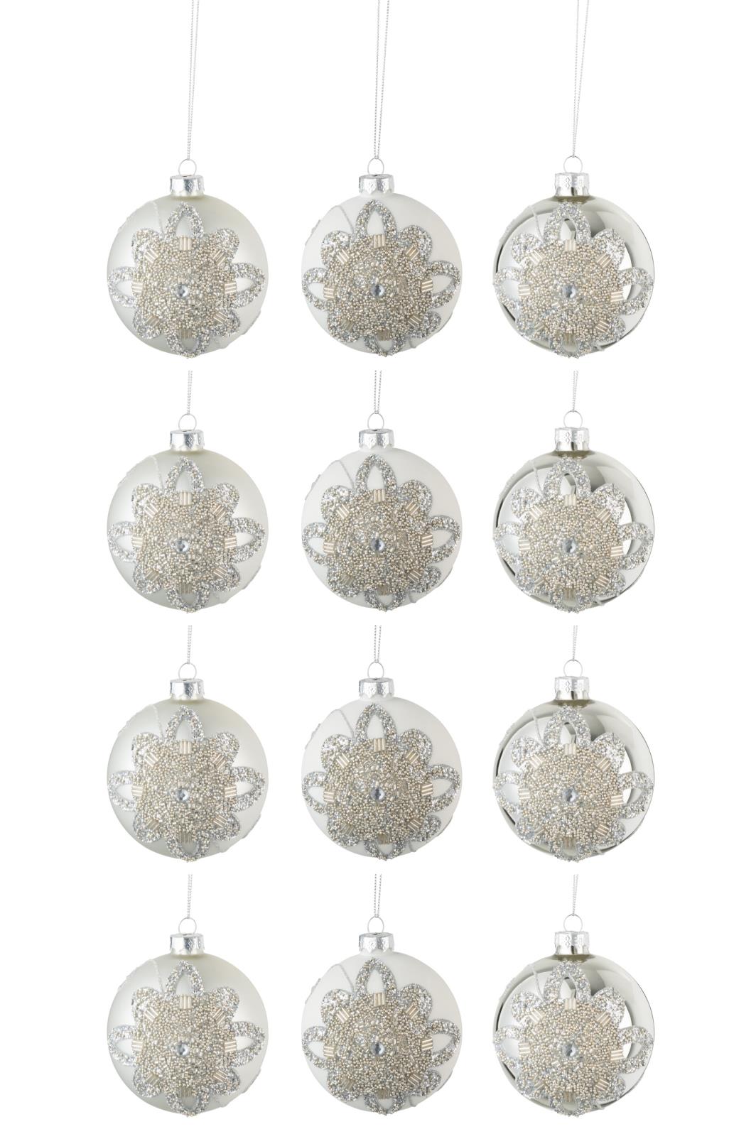 DOSE VON 12 WEIHNACHTSKUGELN 4+4+4 ORNAMENT PERLEN GLAS MATT WEISS/MATT SILBER/GLÄNZEND SILBER SMALL