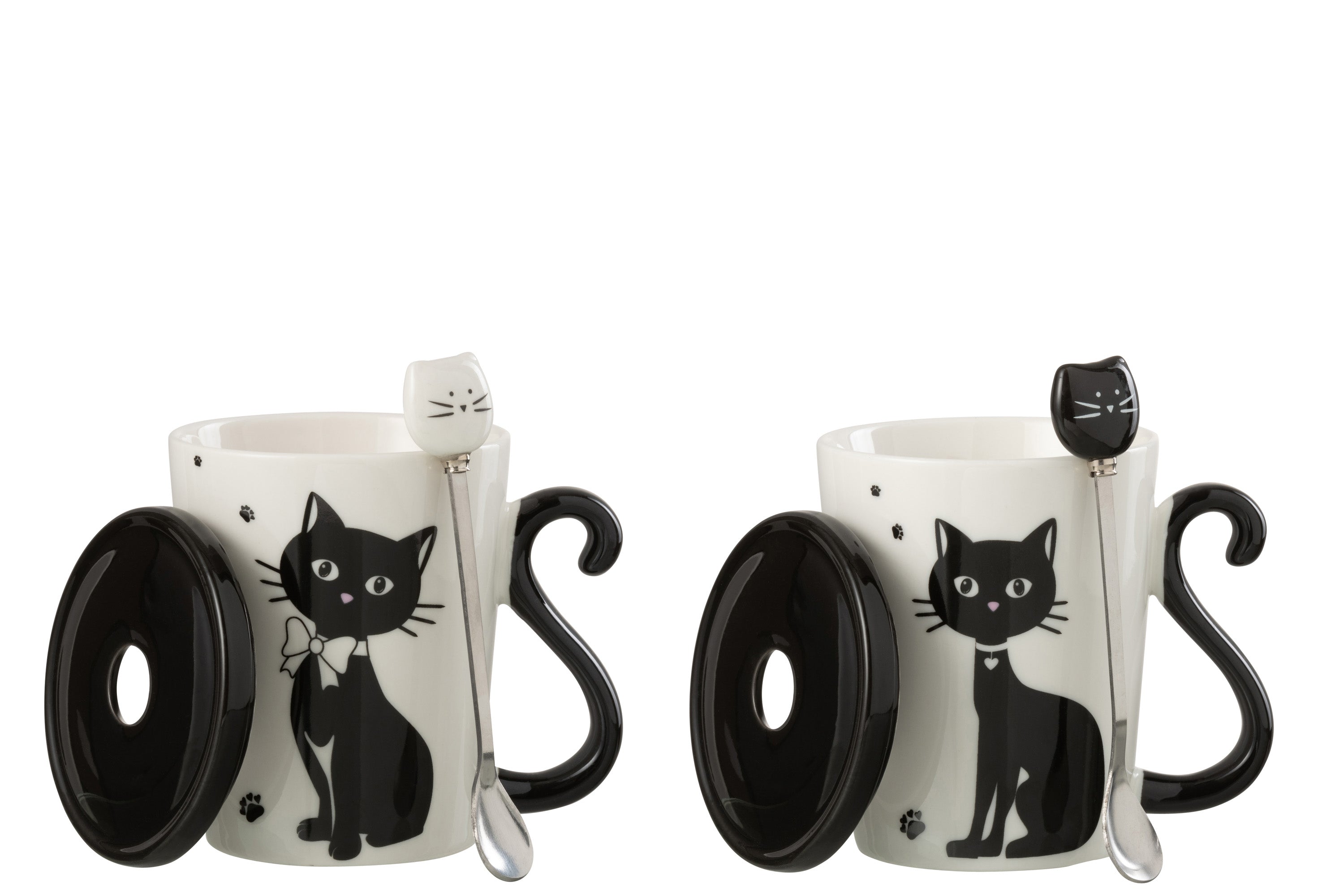 TASSE MOTIV KATZE MIT DECKEL UND LÖFFEL PORZELLAN WEISS/SCHWARZ 2 SORTIERT