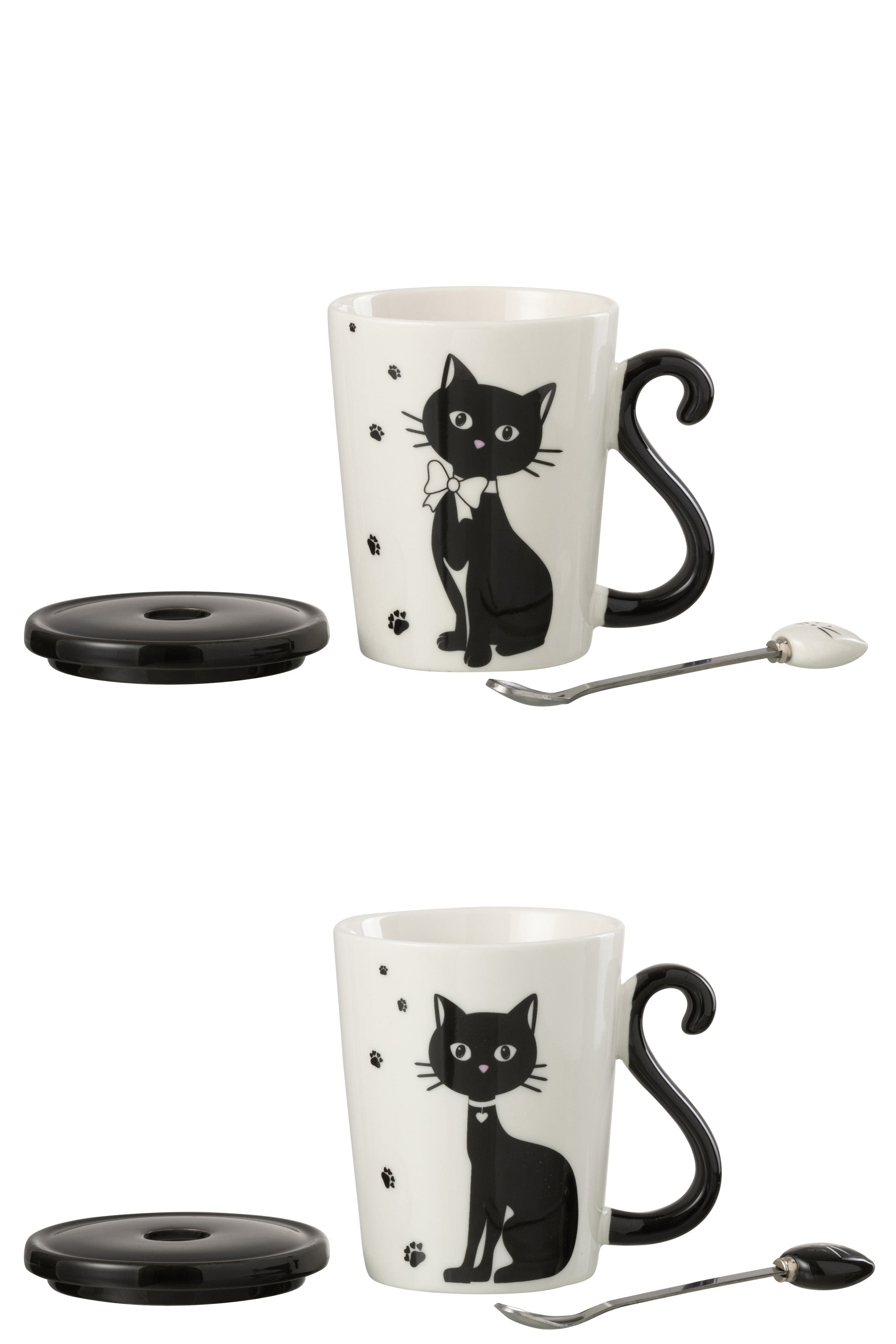 TASSE MOTIV KATZE MIT DECKEL UND LÖFFEL PORZELLAN WEISS/SCHWARZ 2 SORTIERT