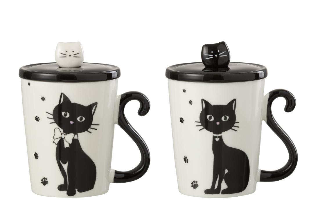 TASSE MOTIV KATZE MIT DECKEL UND LÖFFEL PORZELLAN WEISS/SCHWARZ 2 SORTIERT