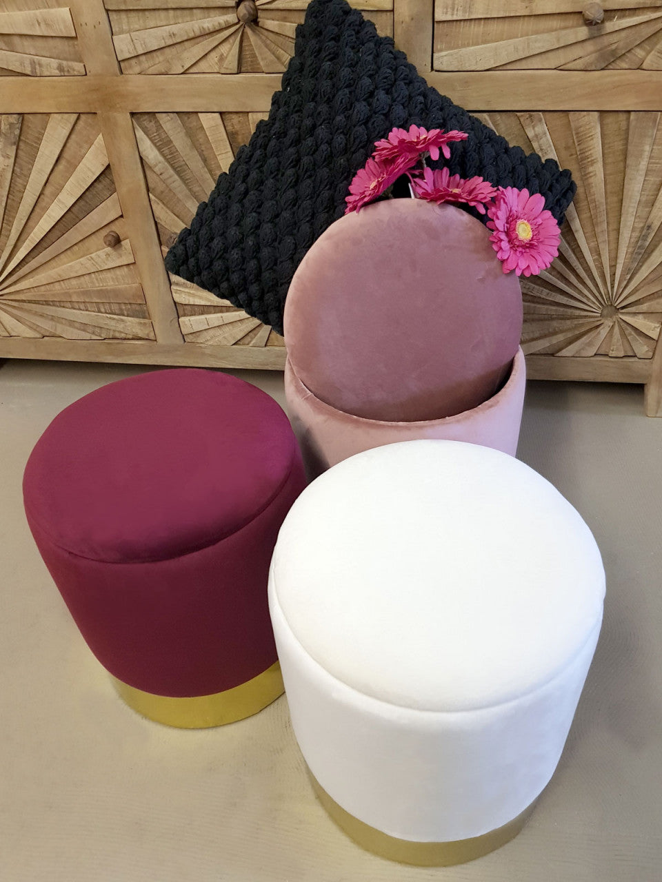 Samthocker Sitzhocker Samt Pouf Sitzpouf Velour Hocker Hochwertig mit Stauraum u. Deckel Ø 31 H 38 c