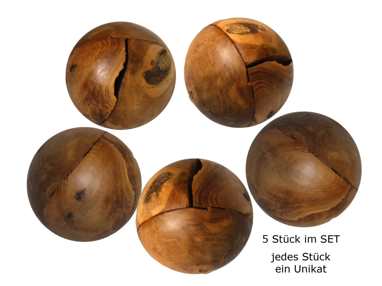 Handgefertigtes 5-er Set Wurzelholz-Kugel, Teak Ø 8 cm, vollmassiv, zusammengefügt