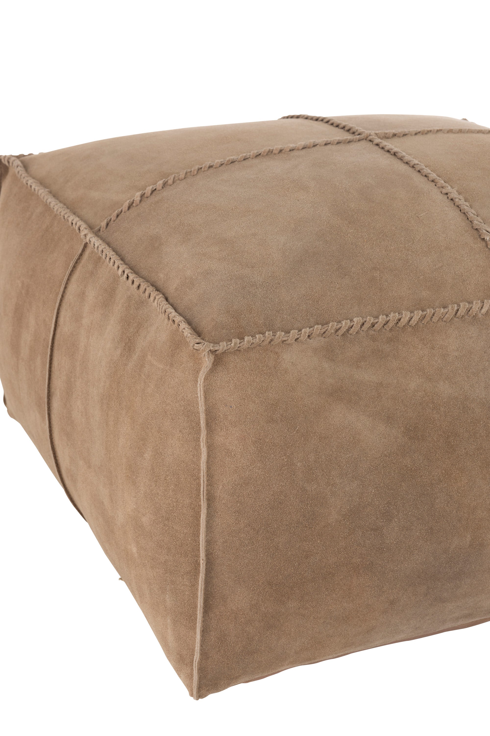 POUF ECKIG MIT MARKANTEN NÄHTEN VELOURSLEDER BEIGE (50x50x25cm)