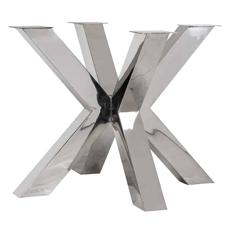 Tischgestell aus silber glänzendem Edelstahl die zusammen ein doppeltes X bilden.