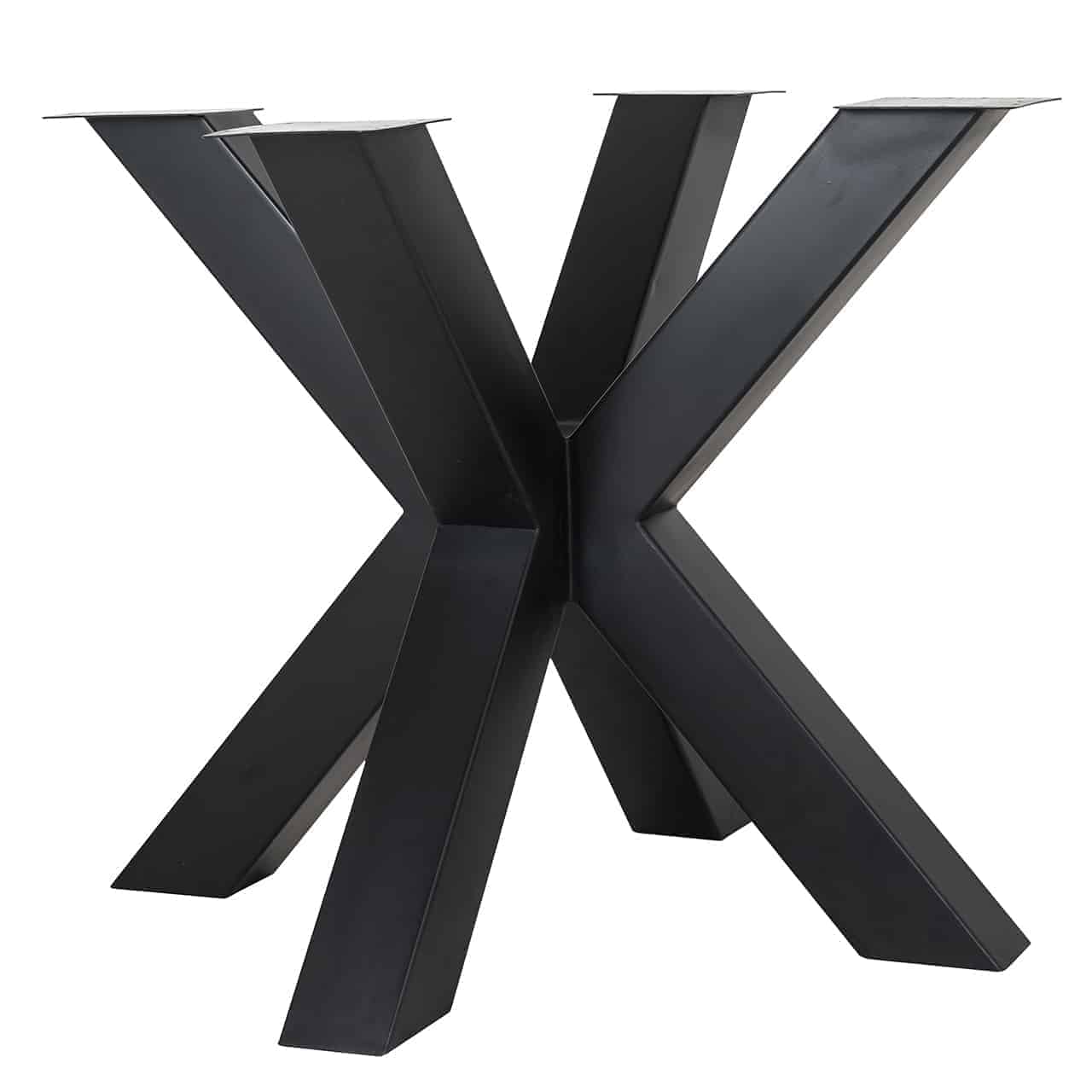 Tischgestell aus schwarzem Eisenplanken die zusammen ein doppeltes X bilden.