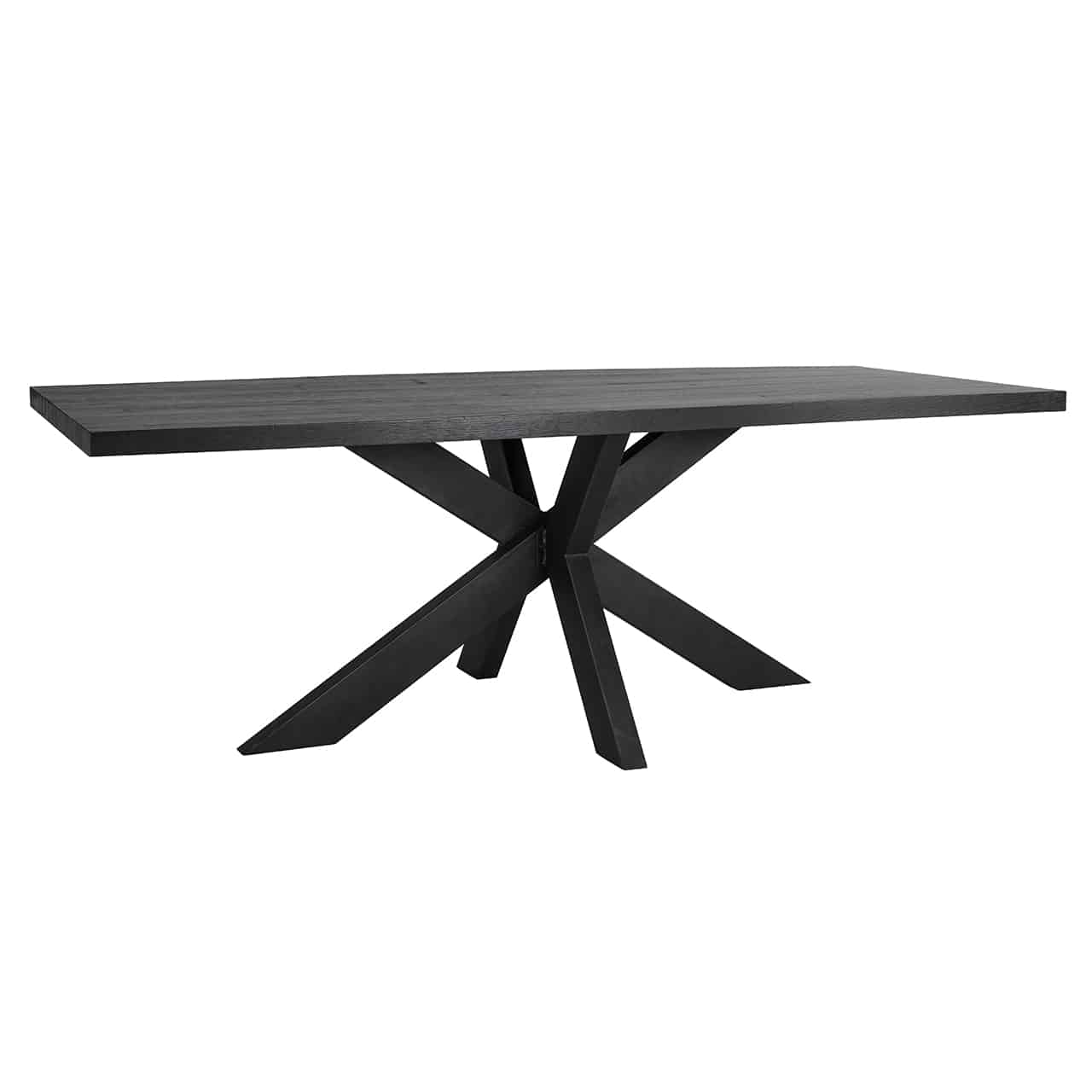 Rechteckige Tischplatte in schwarz; hier auf einem schwarzen Gestell aus sternförmige angeordneten  Planken.
