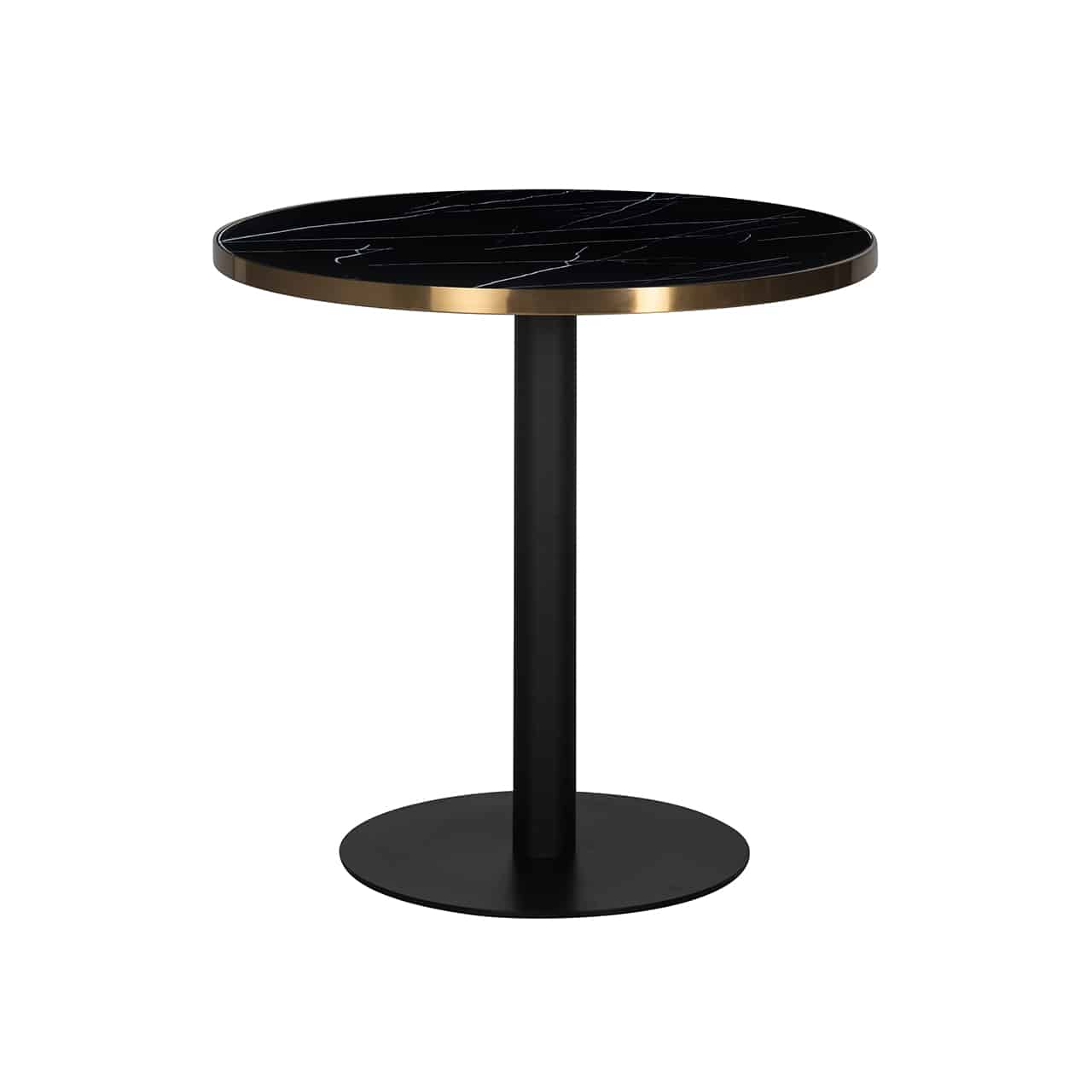 Kleiner Esstisch in schwarz, bestehend aus einem runden Standteller mit einem säulenartigen Fuß, darauf eine runde, marmorierte Tischplatte, eingerahmt von einem breiten Goldband. 