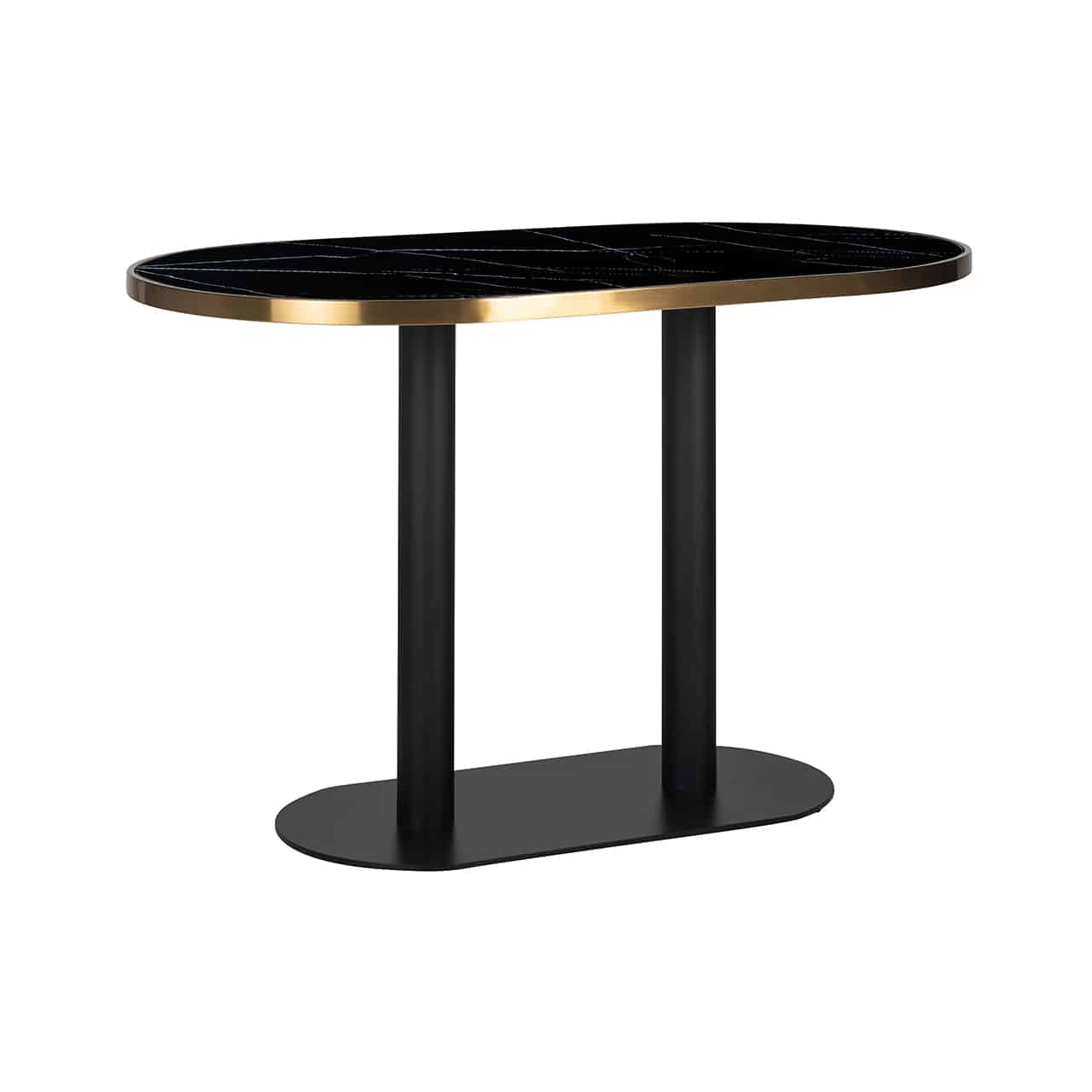 Kleiner Esstisch in schwarz, bestehend aus einem ovalen Standteller mit zwei säulenartigen Füßen, darauf eine ovale, marmorierte Tischplatte, eingerahmt von einem breiten Goldband.