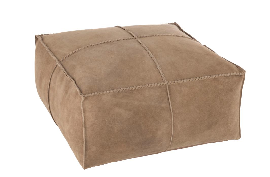 POUF ECKIG MIT MARKANTEN NÄHTEN VELOURSLEDER BEIGE (50x50x25cm)