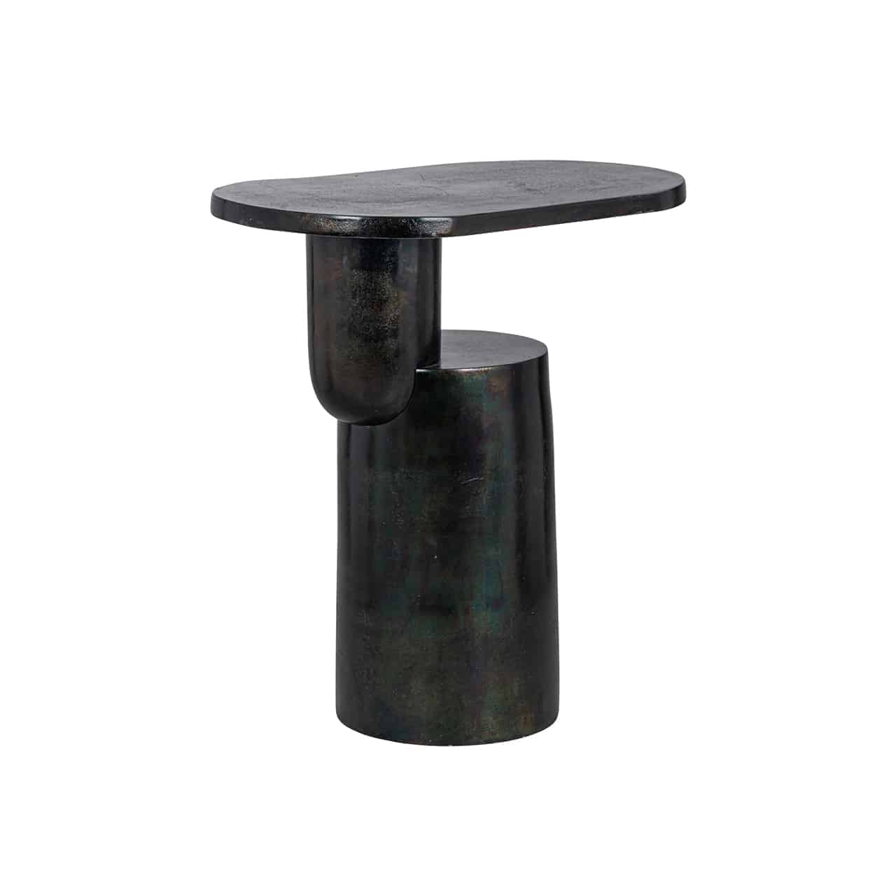 Moderner  Beistelltisch aus schwarzem, metallisch schimmerndem  Aluminium; auf einem runden Sockel seitlich aufsitzend  ein weiterer kleiner Sockel, darauf eine ovale Tischplatte.