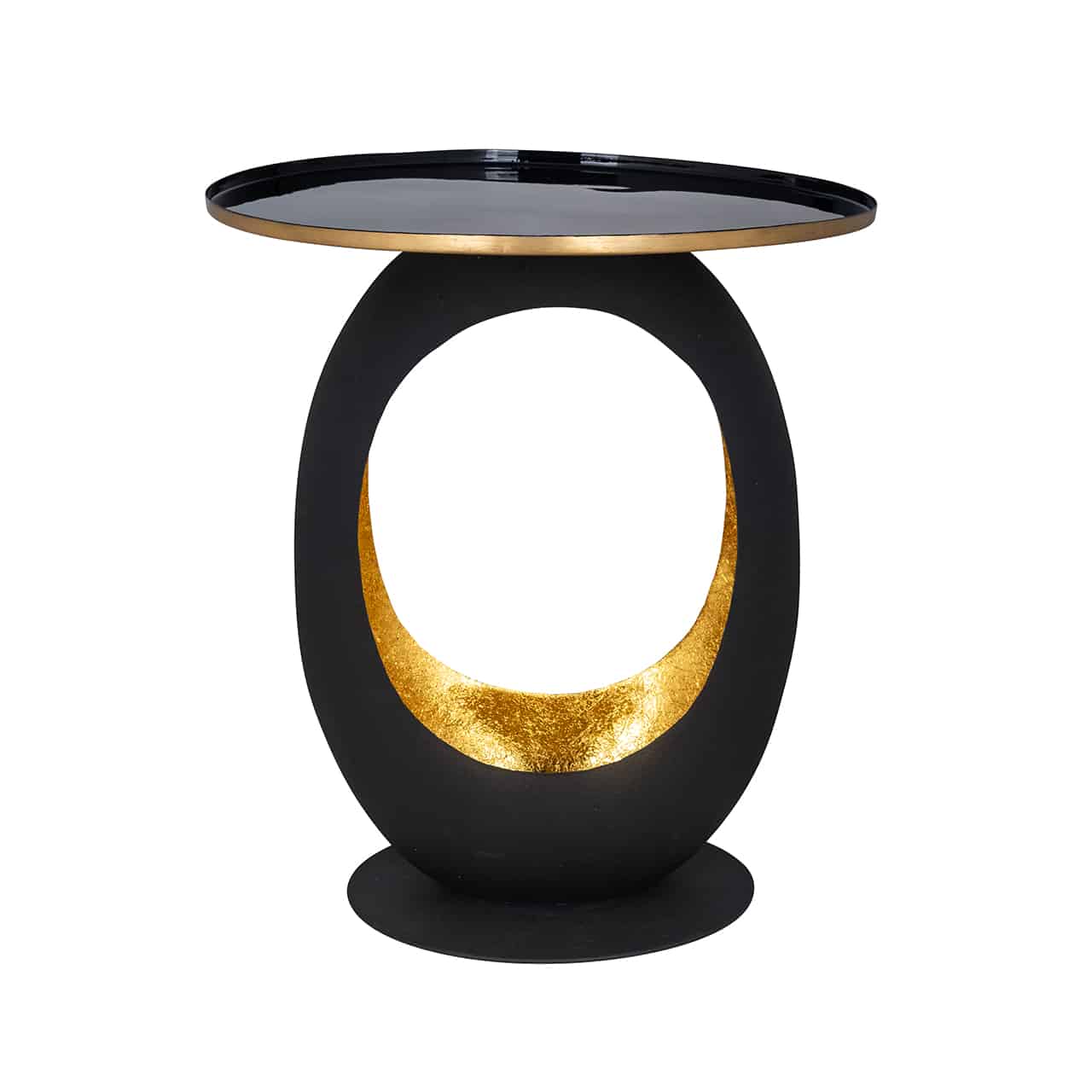 Beistelltisch in schwarz gold; auf einer schwarzen Bodenplatte ein ovales Gebilde, innen hohl und goldfarben; darauf einerune Tischplatte in schwarz mit goldenem Rand.