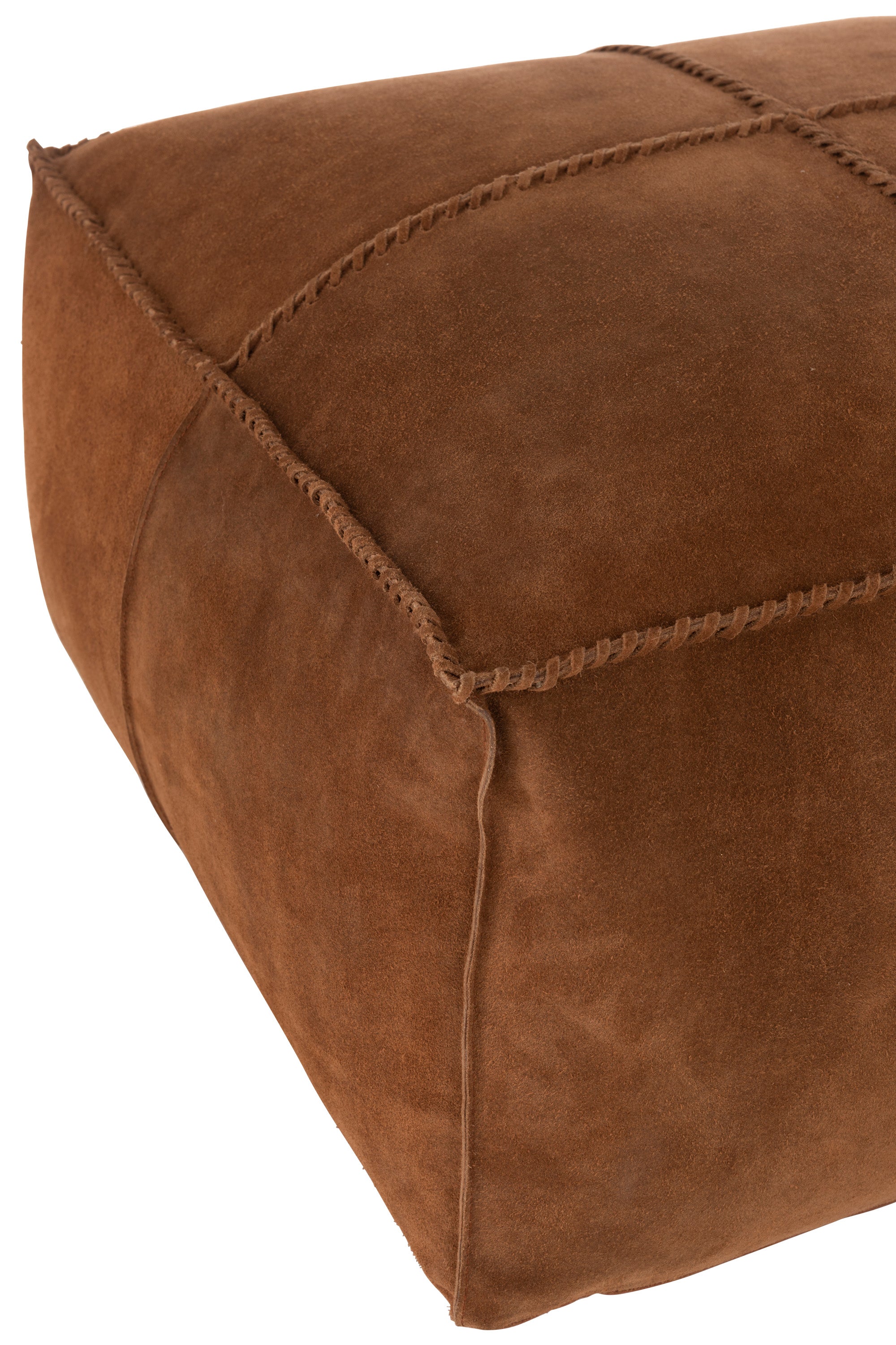 POUF ECKIG MIT MARKANTEN NÄHTEN VELOURSLEDER COGNAC (50x50x25cm)