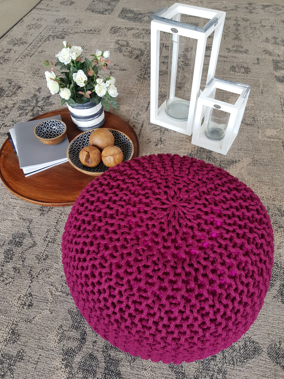 Pouf wasserfest Sitzpouf 100% Outdoor Grobstrick-Optik Ø 55 cm extrahoch 37 cm Garten draußen