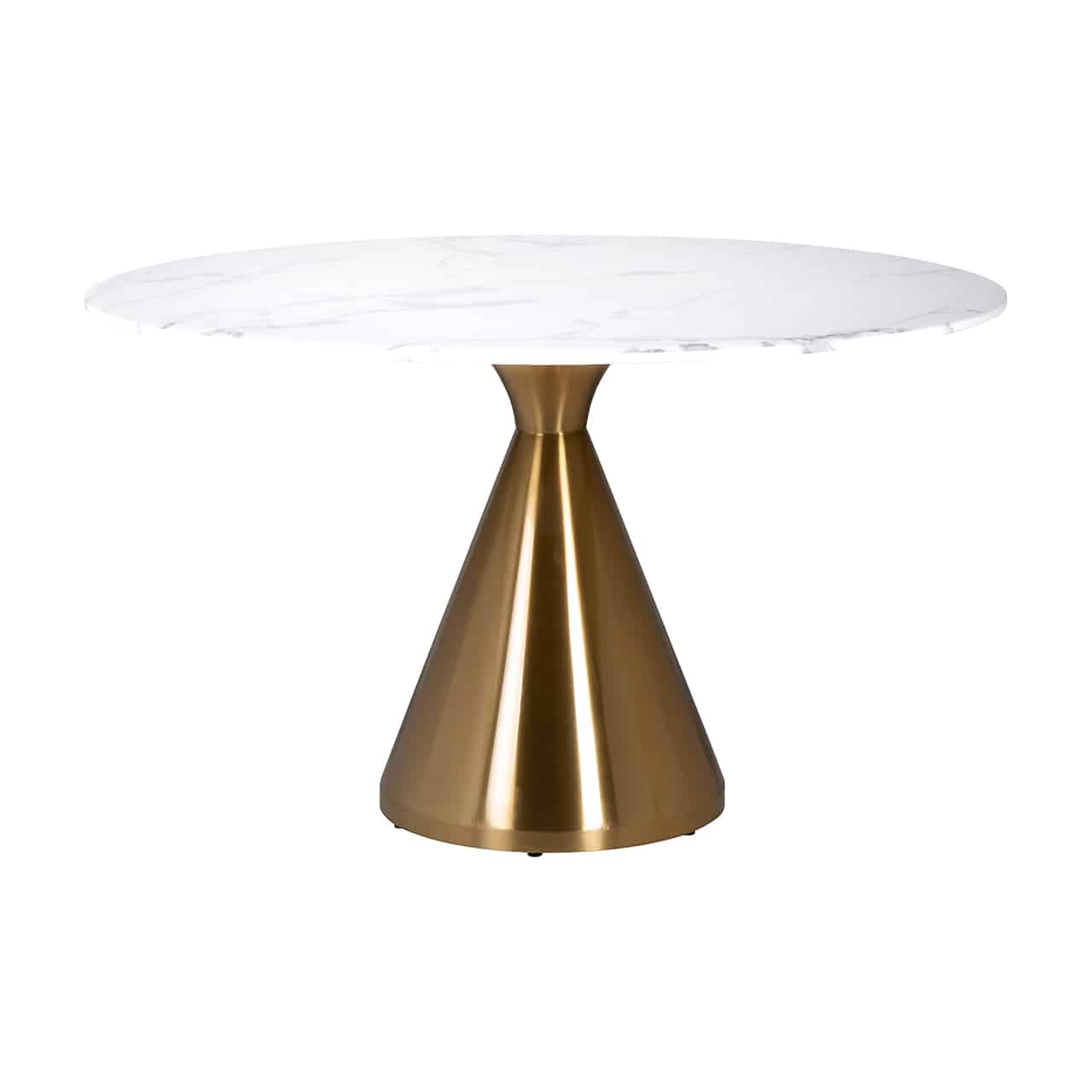 Esstisch mit einem goldenen zylinderförmigen Tischbein mit kurzem, konischen Aufsatz, darauf eine runde, weiße Tischplatte.
