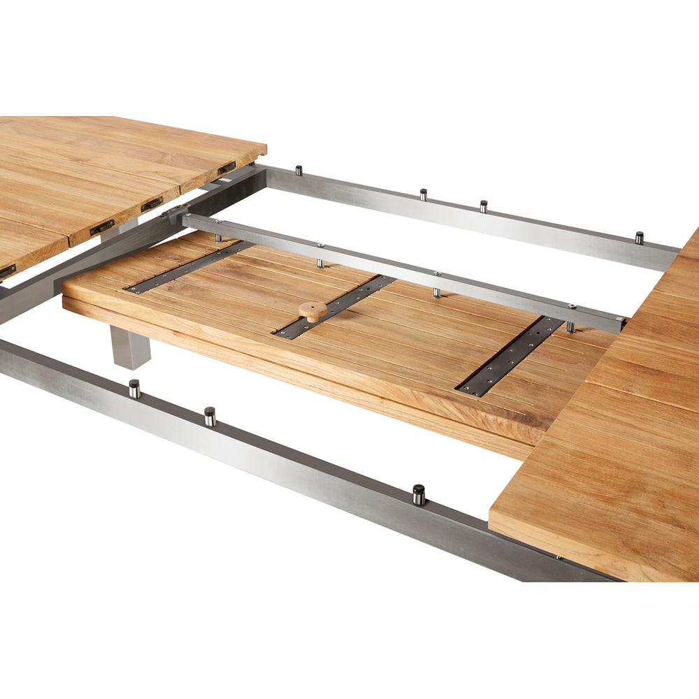 Levanto Ausziehtisch 220 – 320x100 cm Edelstahl/Recycled Teak 
3 Planken mit einer Klappplatte 100x100 cm