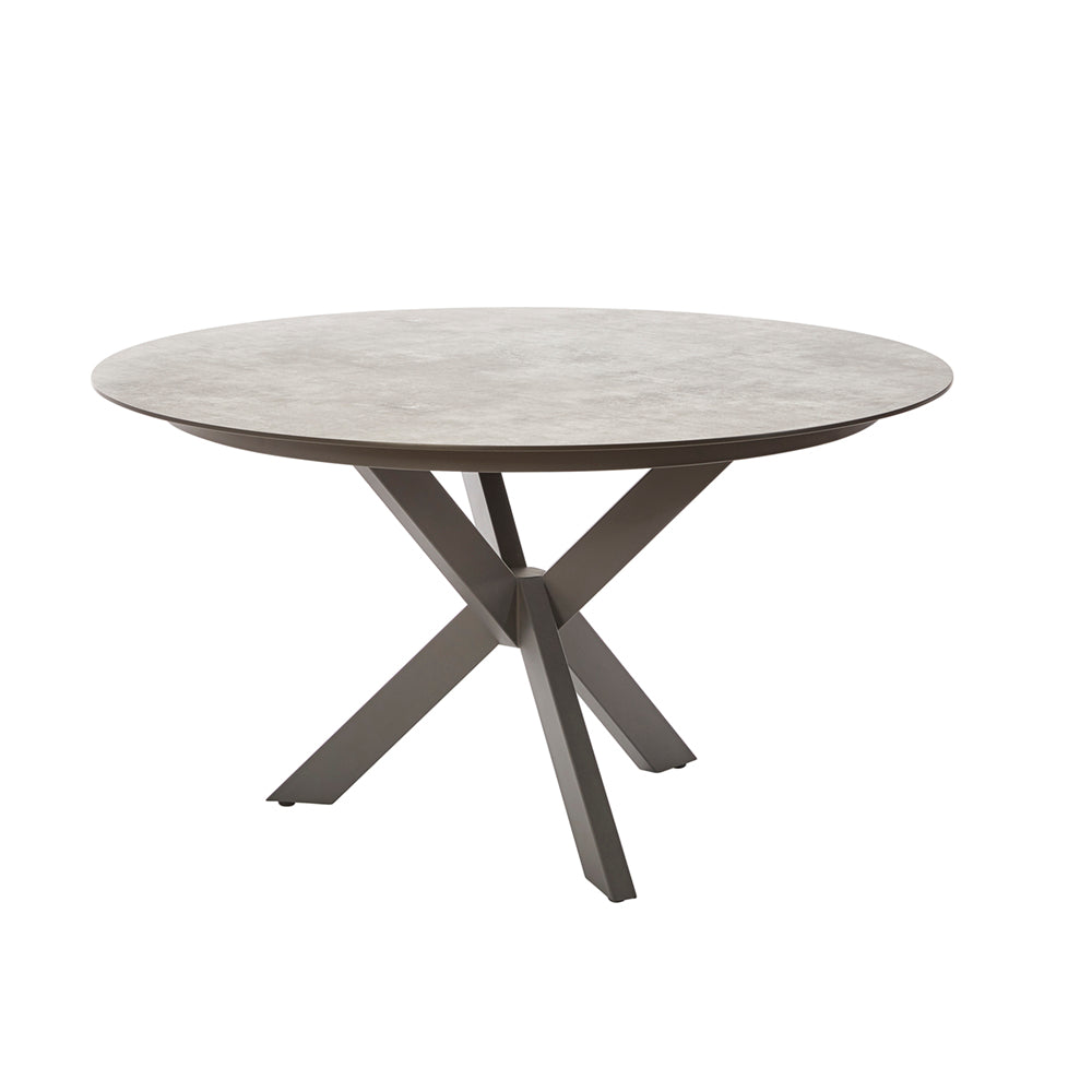 Hochwertiges Tischgestell mit drei gekreuzten Beinen aus Edelstahl Dunkelgrau, pulverbeschichtet; runde Tischplatte aus HPL 8 mm in Granit hell. Beine mit Schraubfüßen für Niveauausgleich.