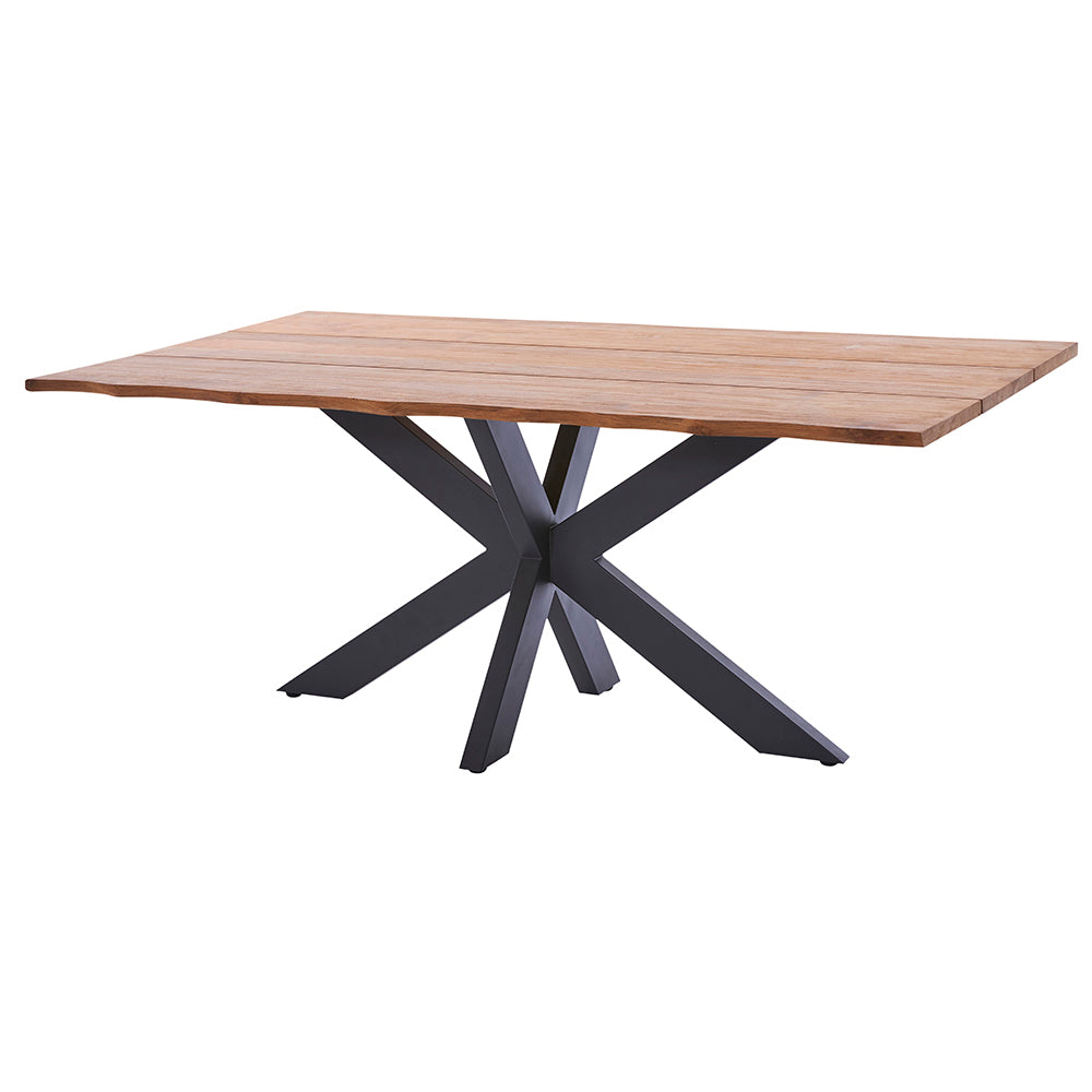 Rechteckige Tischplatte aus Recycled Teak in 30 mm Stärke, drei breiten Planken und Baumkante an beiden Längsseiten für Marbella Tischgestell.