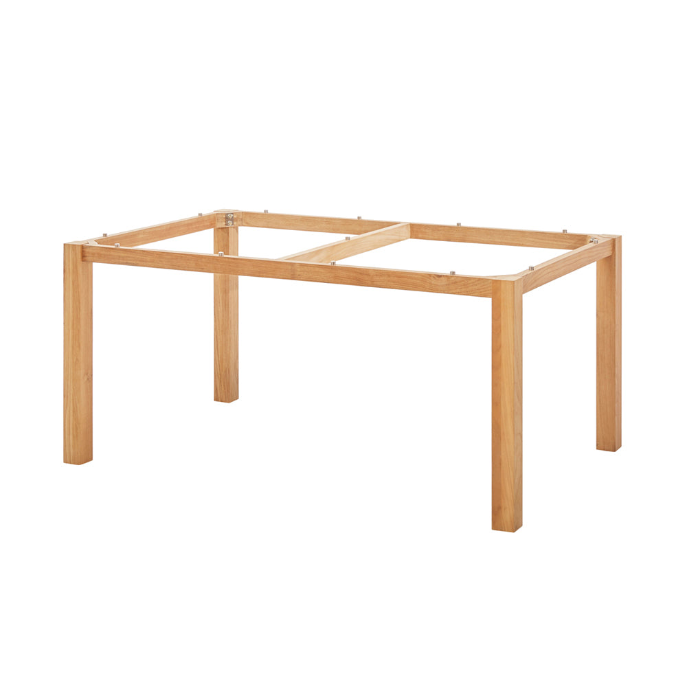 Rechteckiges Premium Teakgestell frei kombinierbar mit einer DiGa Compact Tischplatte (HPL), oder einer Recycled Teak Tischplatten 3 Planken mit umlaufender Unterfase an der Tischkante. Beine mit Schraubfüßen für Niveauausgleich.