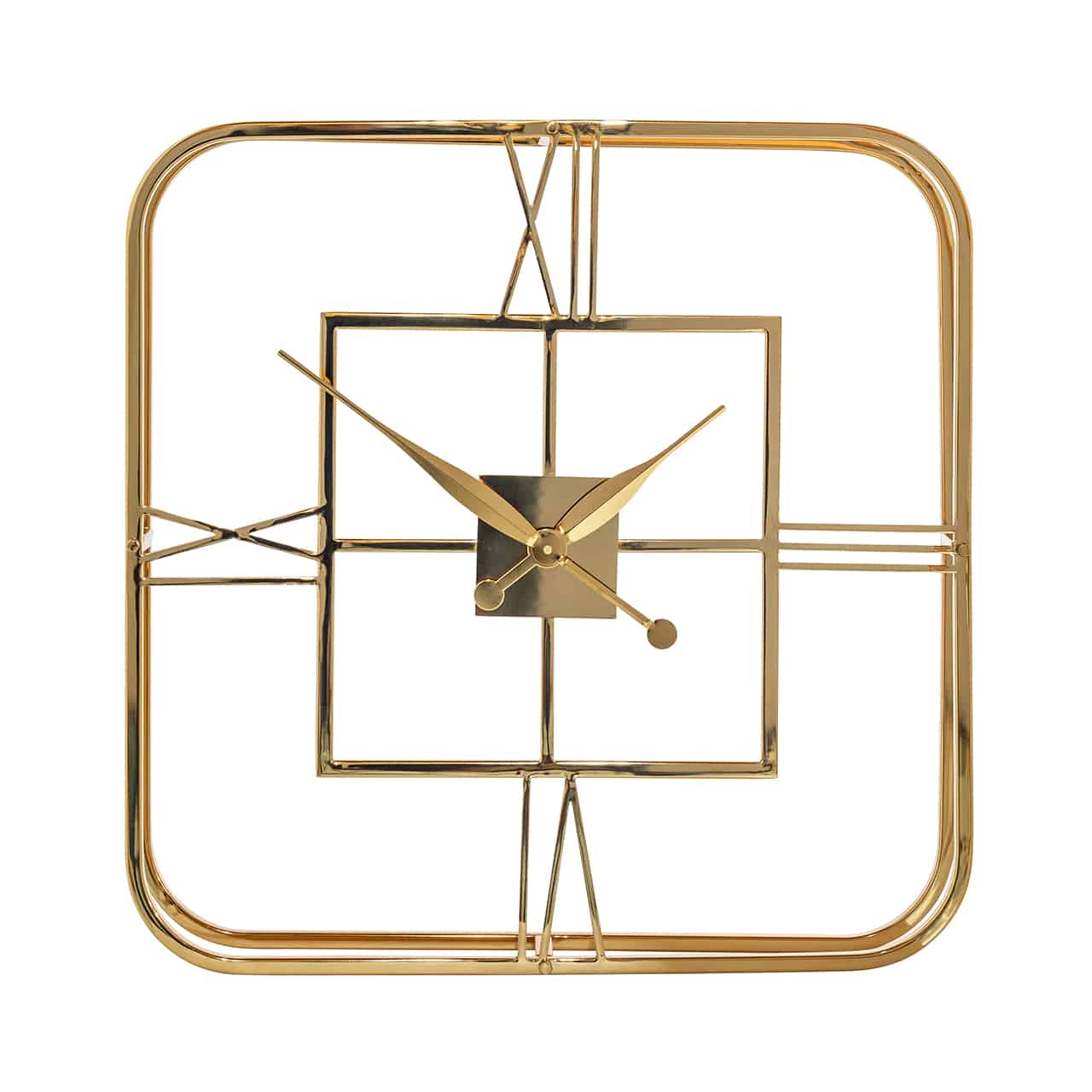 Filigrane, goldene Wanduhr, quadratischer Rahmen mit abgerundeten Ecken; in dem die Ziffern III-IV-IX und XII angebracht sind; mittig, befestigt auf einer kleinen quadratischen Platte, die spitz zulaufenden Uhrzeiger.