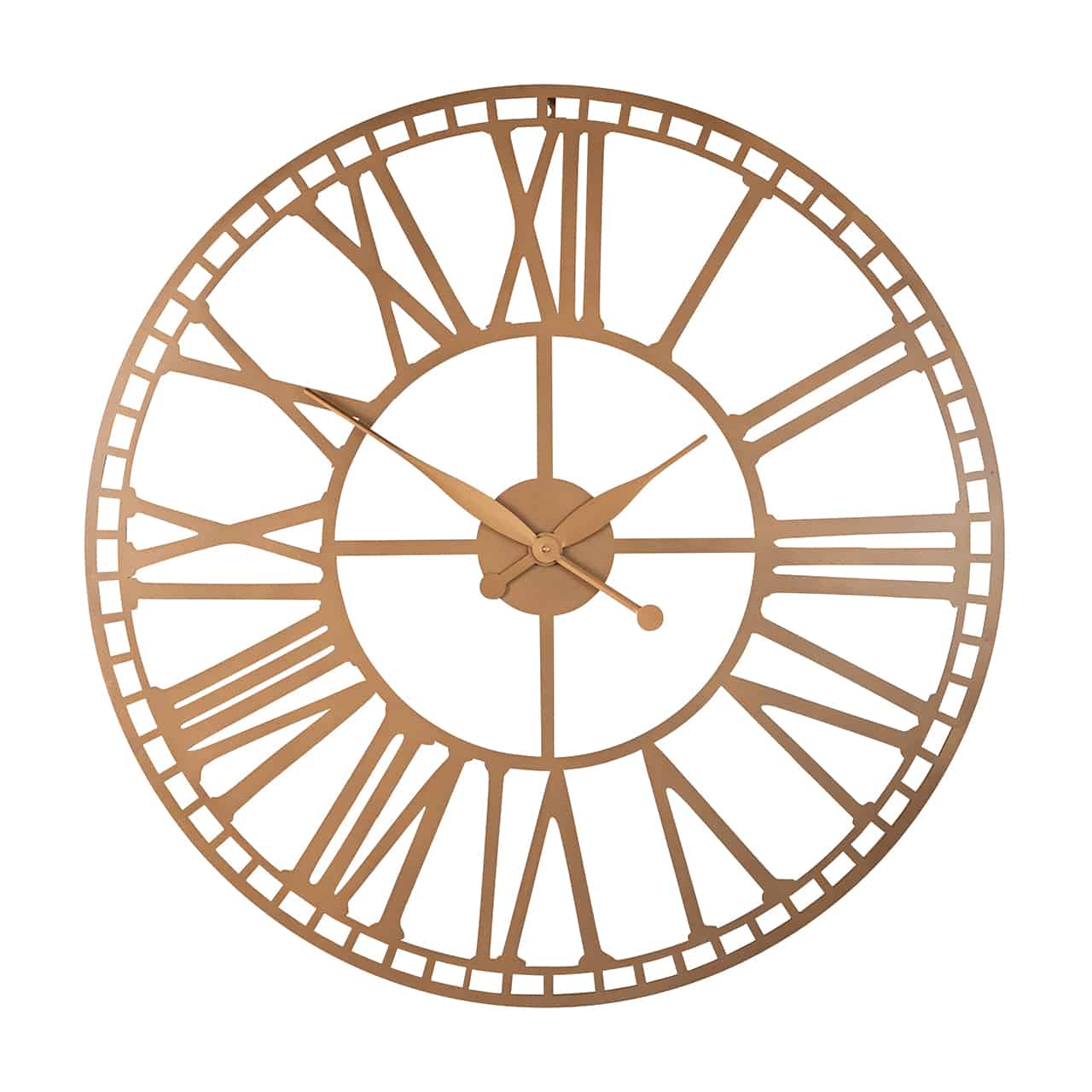 Runde Wanduhr; zwischen zwei goldenen Reifen große römische Ziffern; in der Mitte ein goldenes Kreuz; am Kreuzungspunkt eine keine Scheibe, an der die spitz zulaufenden Uhrzeiger angebracht sind; der äußere Rand stellt in kleinen Segmenten die Minuten dar.