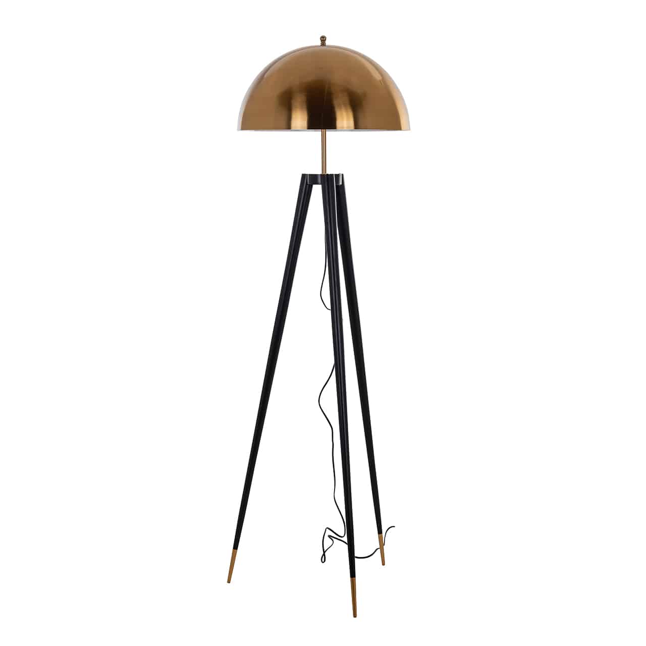 Stehlampe mit einem schwarzen Dreibein als Fuß, unten mit goldenen Kappen; darauf, auf einer dünnen Stange, ein kuppelartiger, goldener Lampenschirm.