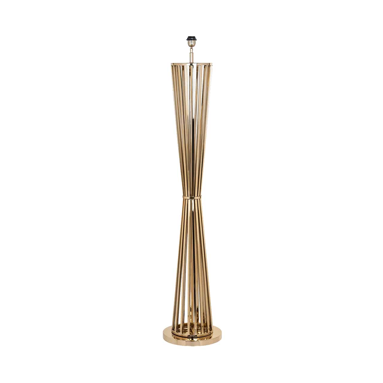 Stehlampe/Lampenfuß, bestehend aus einem runden Bodenteller, darauf mehrere, kreisrund angeordnete, goldene Edelstahlstreben, mittig eingeschnürt, wie ein Ährenbündel.