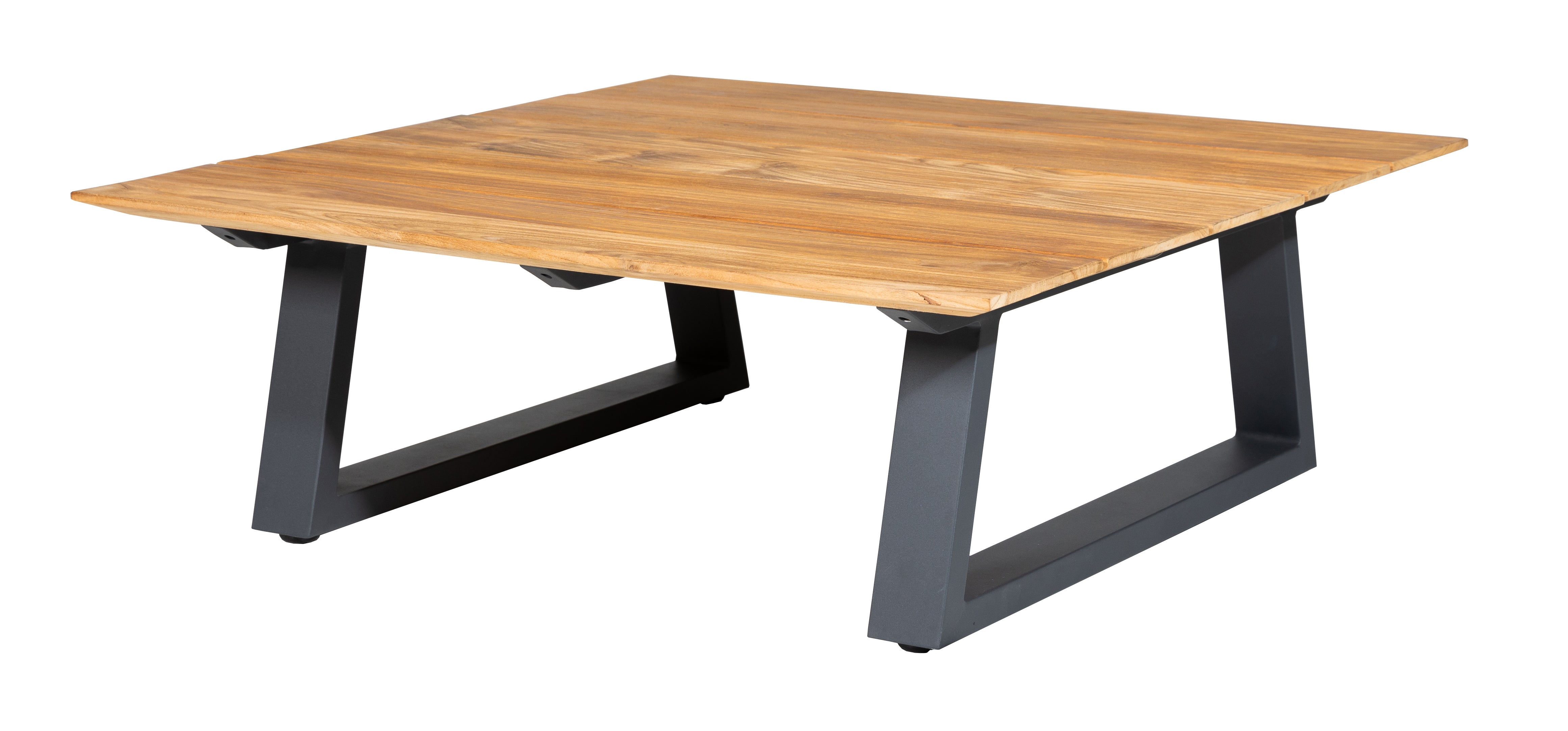 Quadratischer Lounge Tisch mit hochwertigem pulverbeschichtetem Aluminiumrahmen kombiniert mit recyceltem, altem Teakholz mit 5 breiten Lamellen in 25 mm Stärke und umlaufender Fase an der Tischunterkante. Beine mit Schraubfüßen für Niveauausgleich.