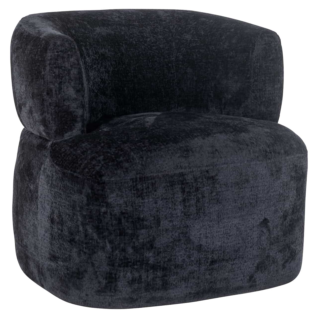 Moderner Sessel, bezogen mit schwarzer Chenille; auf einem dicken Polster eine ebenso dicke, halbrunde, durchlaufende Lehne.
