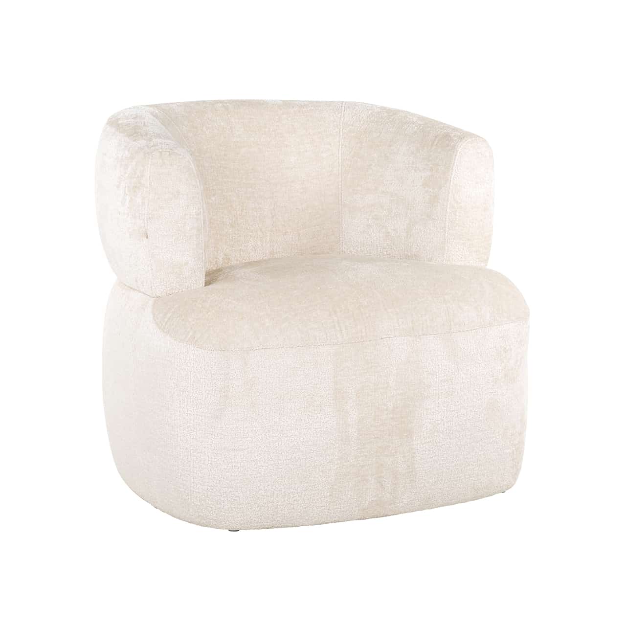 Moderner Sessel, bezogen mit weißer Chenille; auf einem dicken Polster eine ebenso dicke, halbrunde, durchlaufende Lehne.