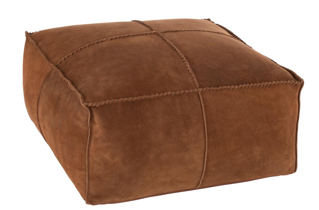 POUF ECKIG MIT MARKANTEN NÄHTEN VELOURSLEDER COGNAC (50x50x25cm)