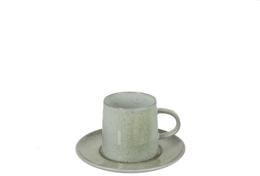 TASSE MIT UNTERTASSE PUNKTE (12x) STEINGUT MINT (16x16x8,5cm)