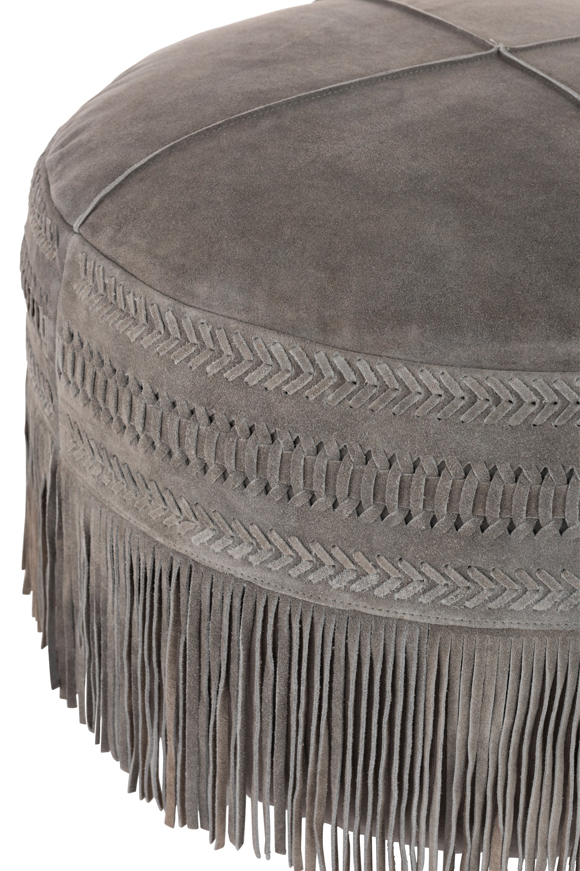 POUF BOHO MIT FRANSEN RUND LEDER GRAU (52x52x40cm)