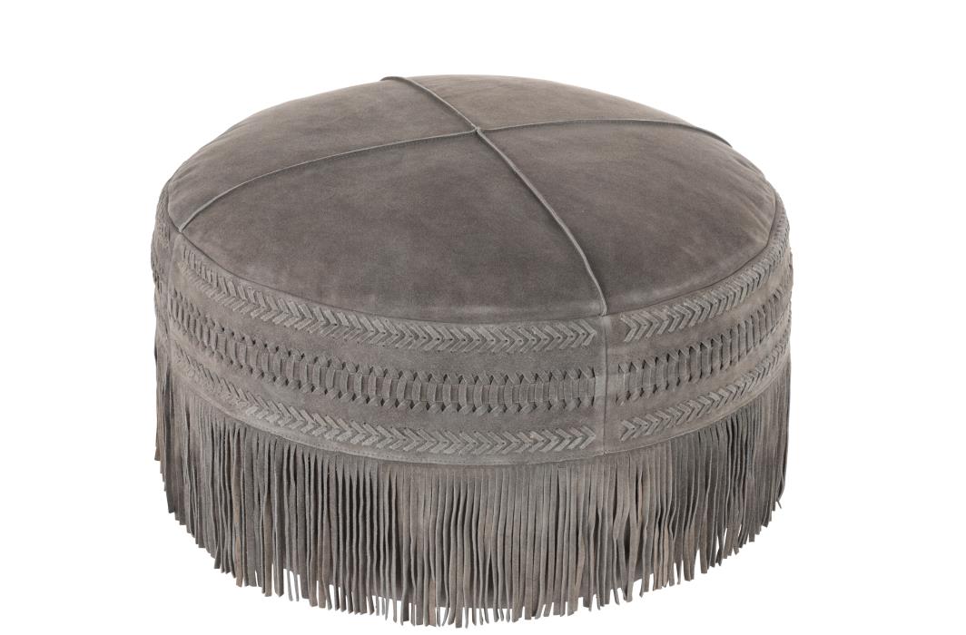 POUF BOHO MIT FRANSEN RUND LEDER GRAU (52x52x40cm)