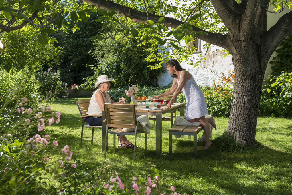 Piero Gartenbank 180 cm – Edelstahl/recyceltes Teakholz breite Lamellen