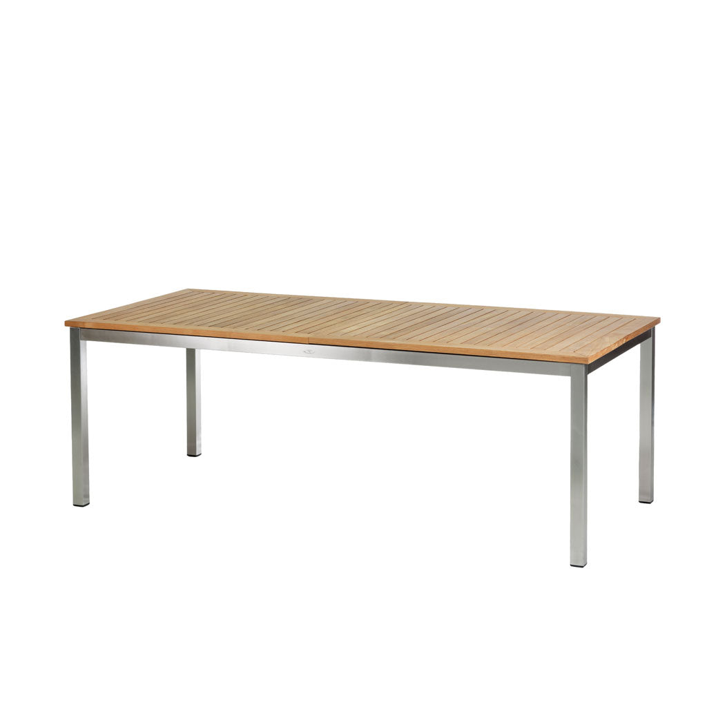  Rechteckiger Gartentisch mit hochwertigem Edelstahl/304-Rahmen und einer Tischplatte aus Premium Teak mit Synchronauszug bis 300 cm.