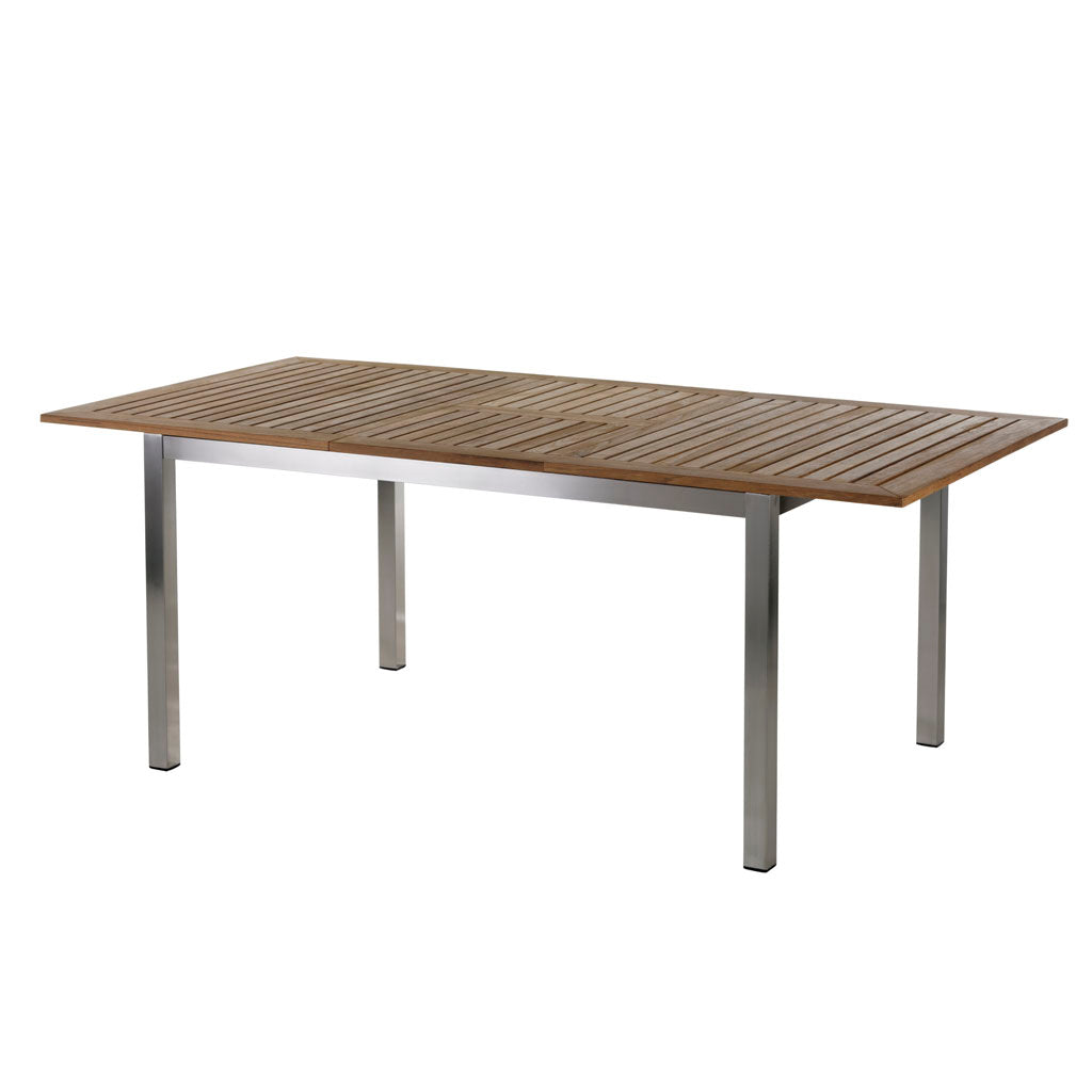 Rechteckiger Gartentisch mit hochwertigem Edelstahl/304-Rahmen und einer Tischplatte aus Premium Teak mit Synchronauszug bis 200 cm.